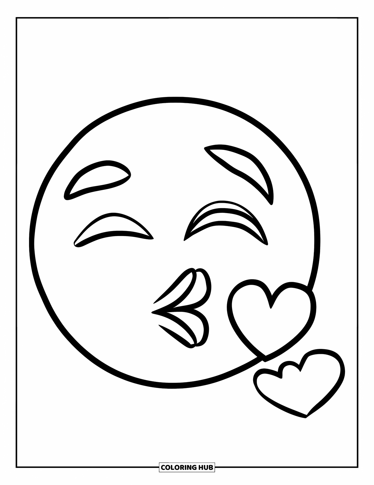 Emoji Coloring Page for Kids: A kissy emoji with a floating heart adds a sweet little touch