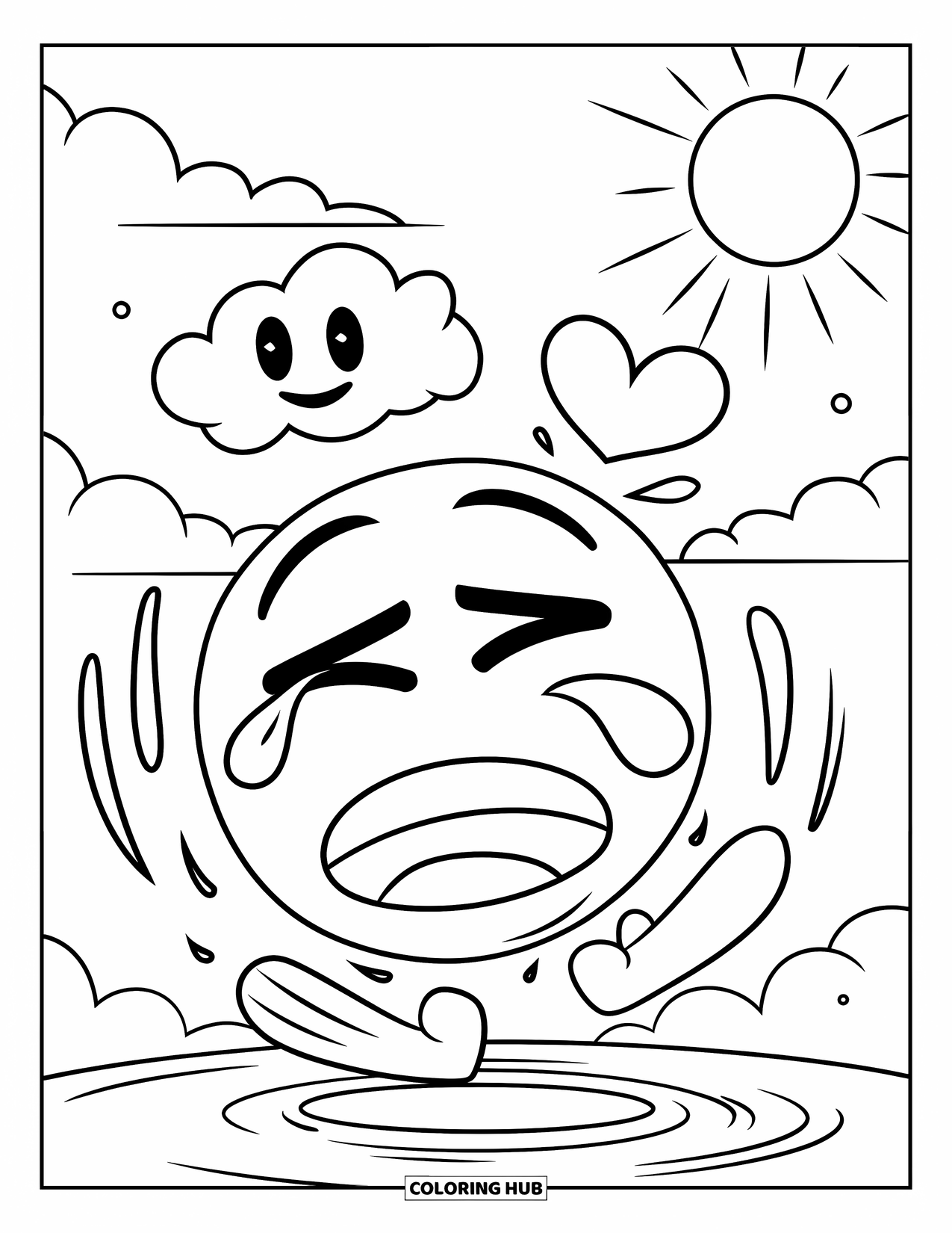 Emoji Coloring Page for Kids: A laughing emoji with a tear and heart above its head falls through fluffy clouds