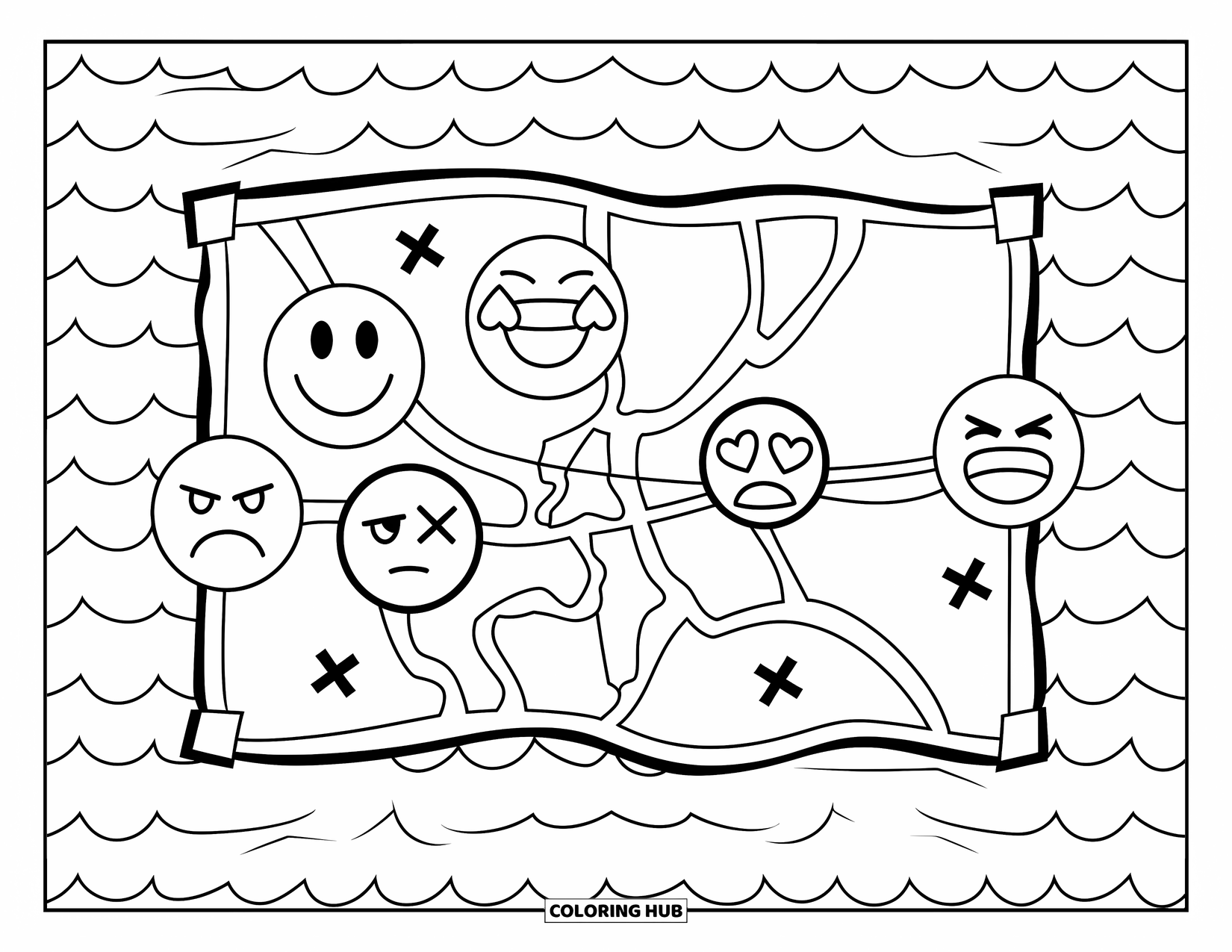 Emoji Coloring Page for Kids: A map across waves shows emoji emotions and Xs marking the way