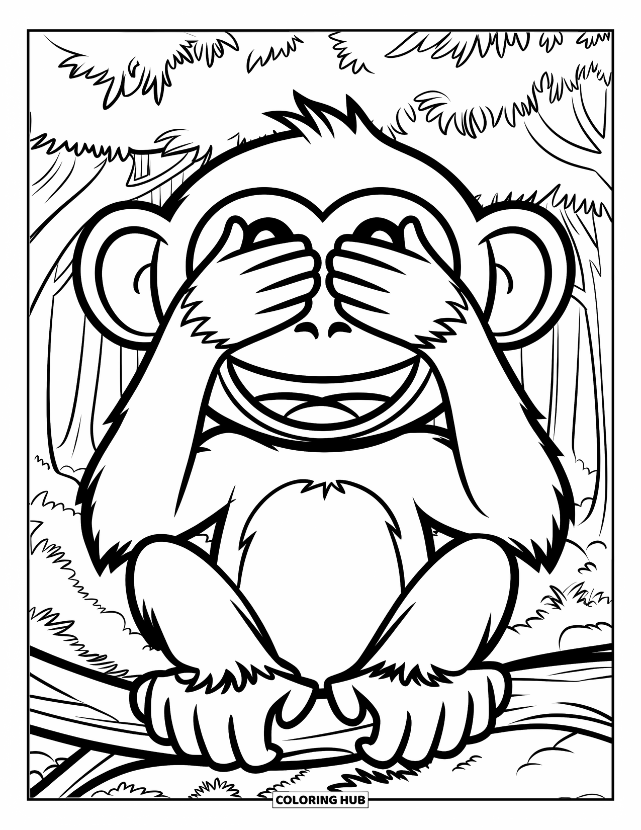 Emoji Coloring Page for Kids: A monkey emoji covers its eyes while smiling on a branch in the forest