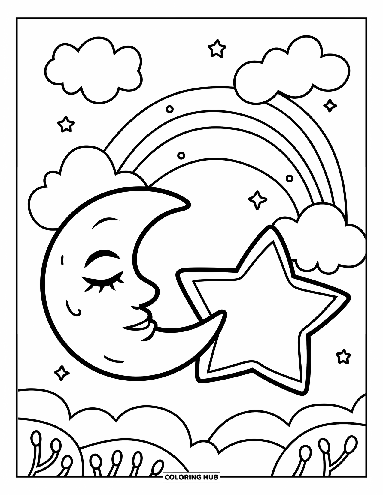 Emoji Coloring Page for Kids: A moon emoji sleeps near a star, with clouds, a rainbow, and soft branches nearby