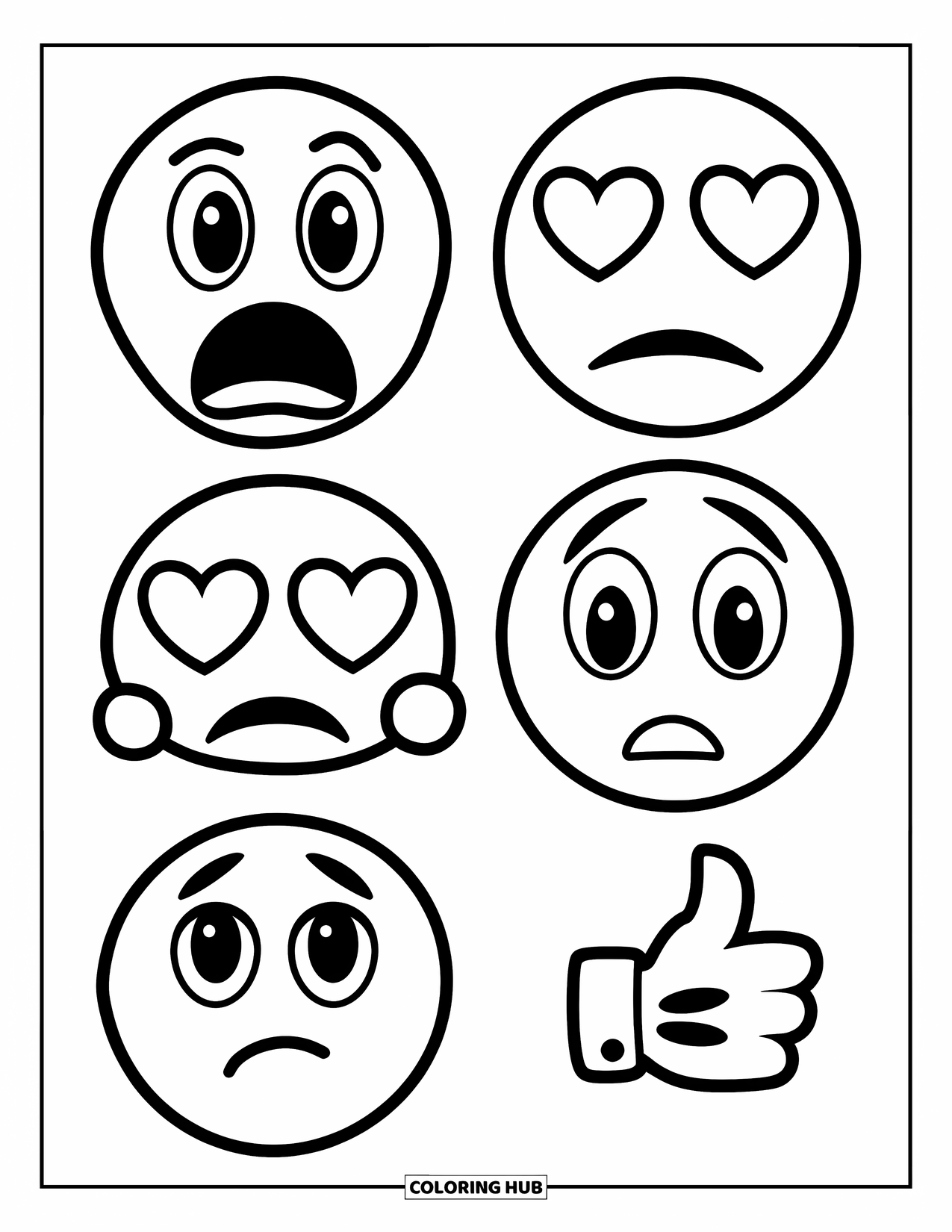 Emoji Coloring Page for Kids: A panel of emojis shows reactions from surprise to hearts and thumbs up