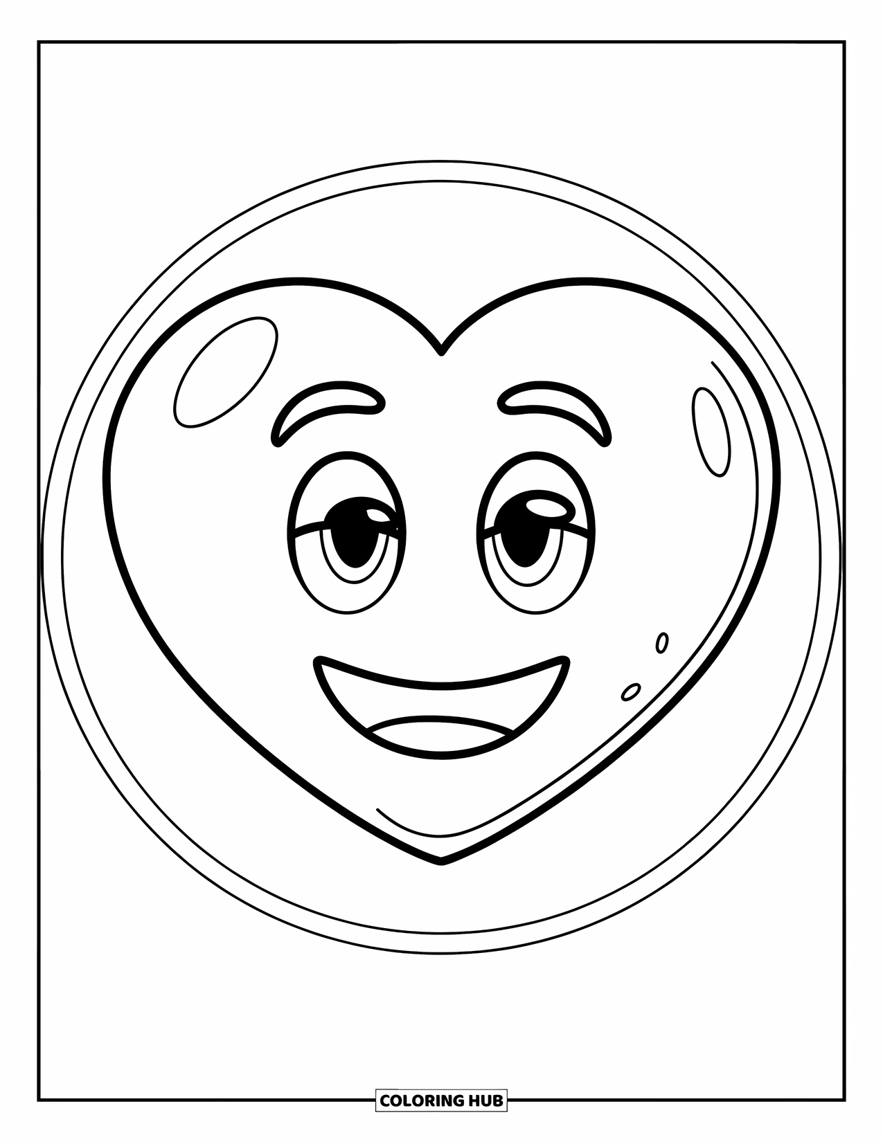 Emoji Coloring Page for Kids: A peaceful heart emoji smiles softly inside a neat circular border