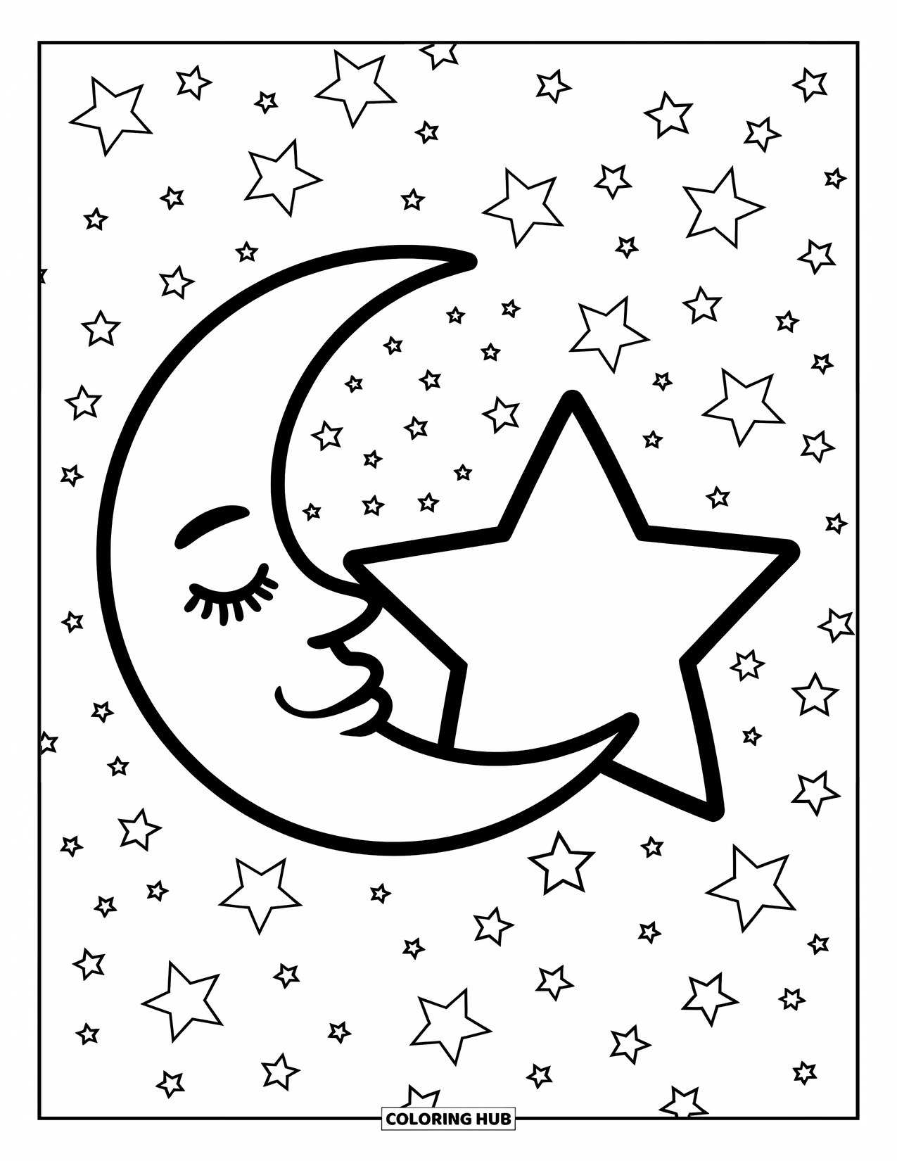 Emoji Coloring Page for Kids: A peaceful moon sleeps next to a star in a sky full of twinkling stars