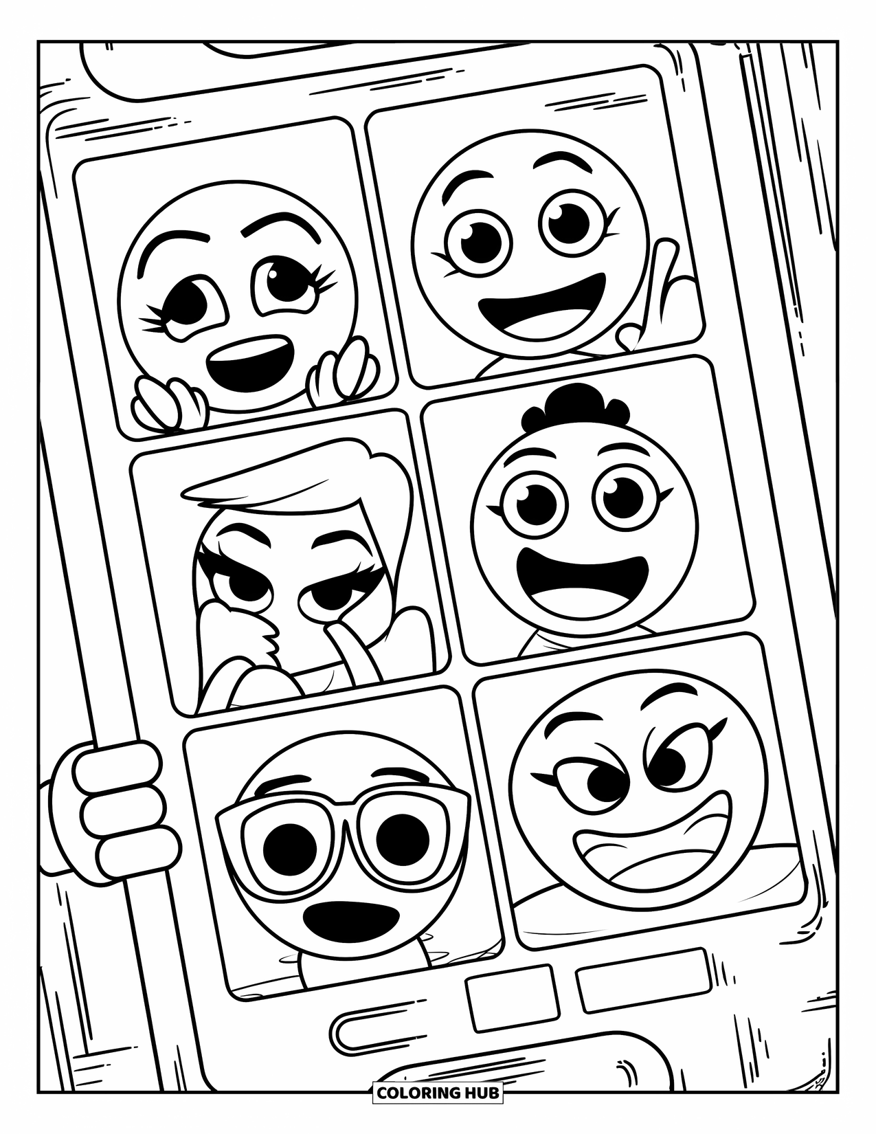 Emoji Coloring Page for Kids: A photo booth strip shows five expressive emojis snapping fun selfies