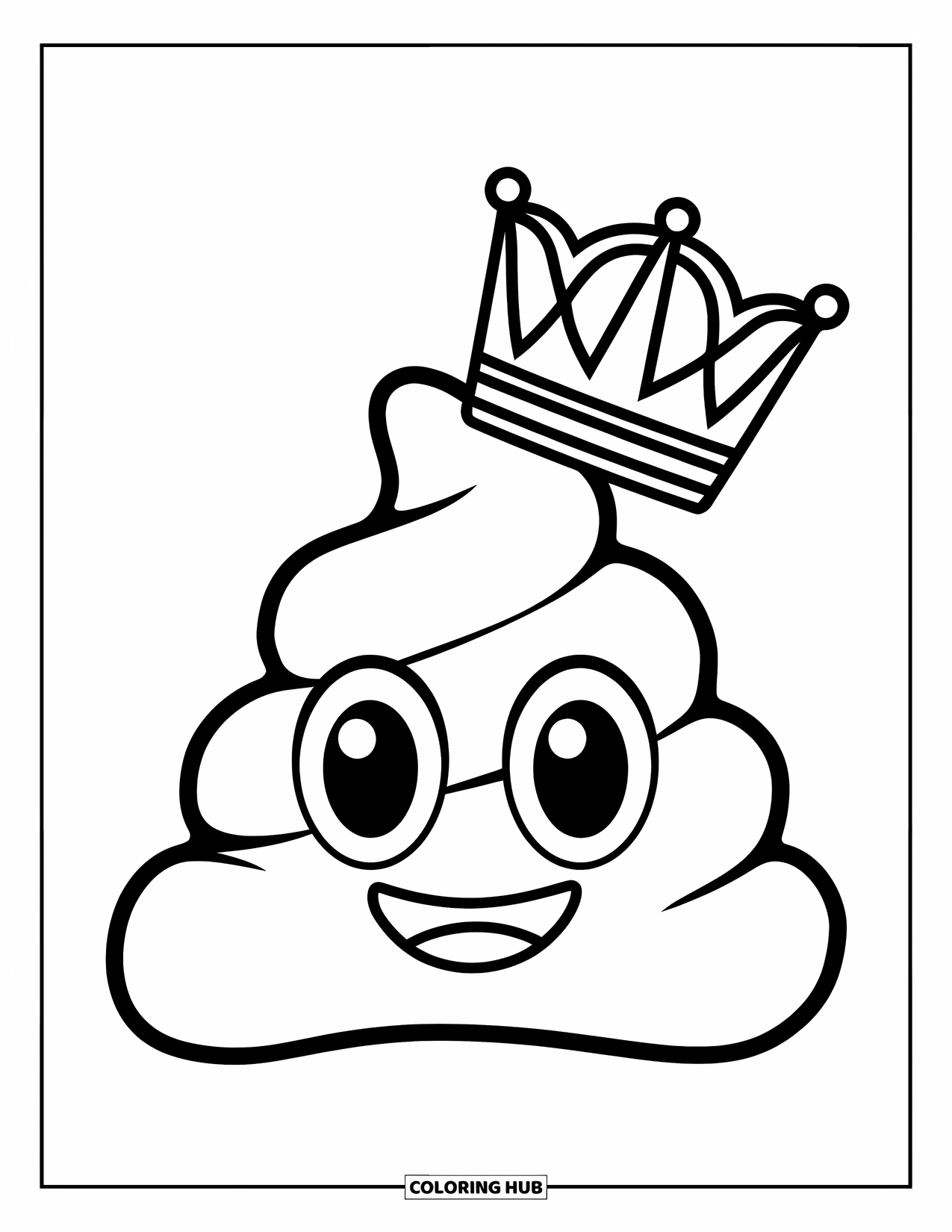 Emoji Coloring Page for Kids: A poop emoji wears a crown and smiles proudly with royal flair