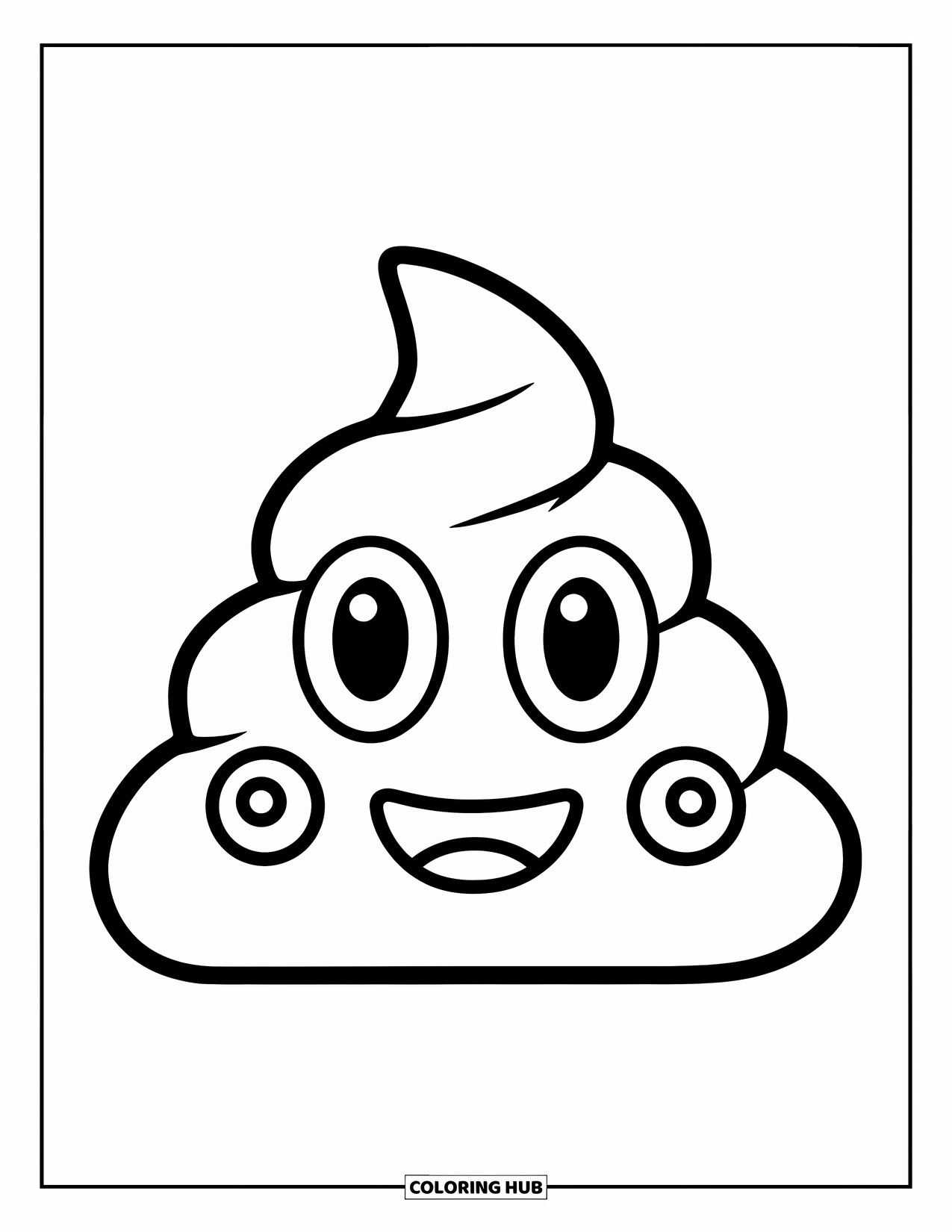 Emoji Coloring Page for Kids: A poop emoji with big eyes and a swirl mustache smiles playfully