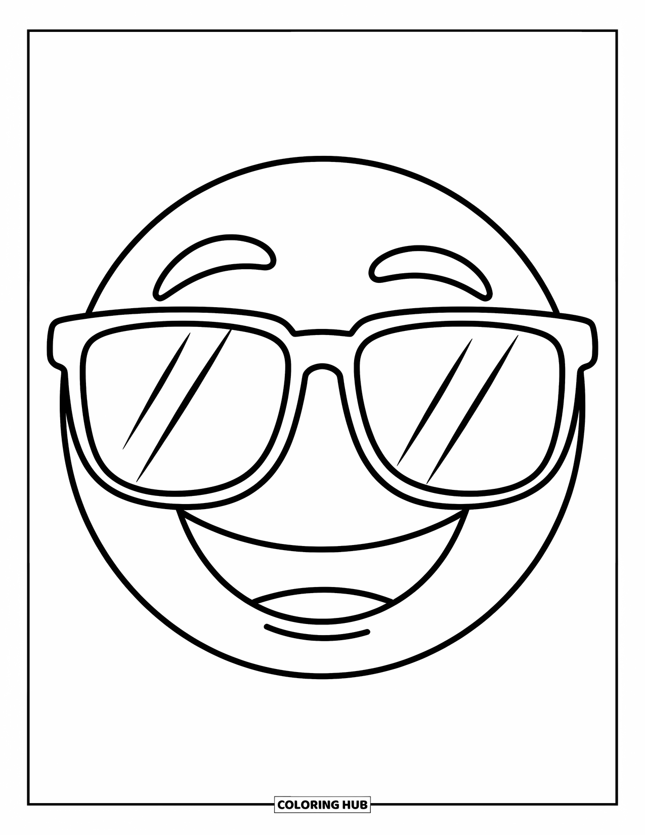 Emoji Coloring Page for Kids: A round emoji smiles with sunglasses perched on top of its head