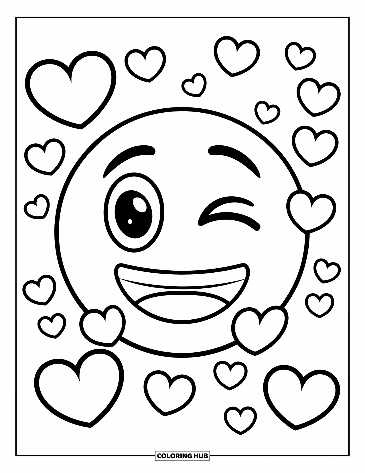 Emoji Coloring Page for Kids: A round winking emoji smiles sweetly while tiny hearts hover all around