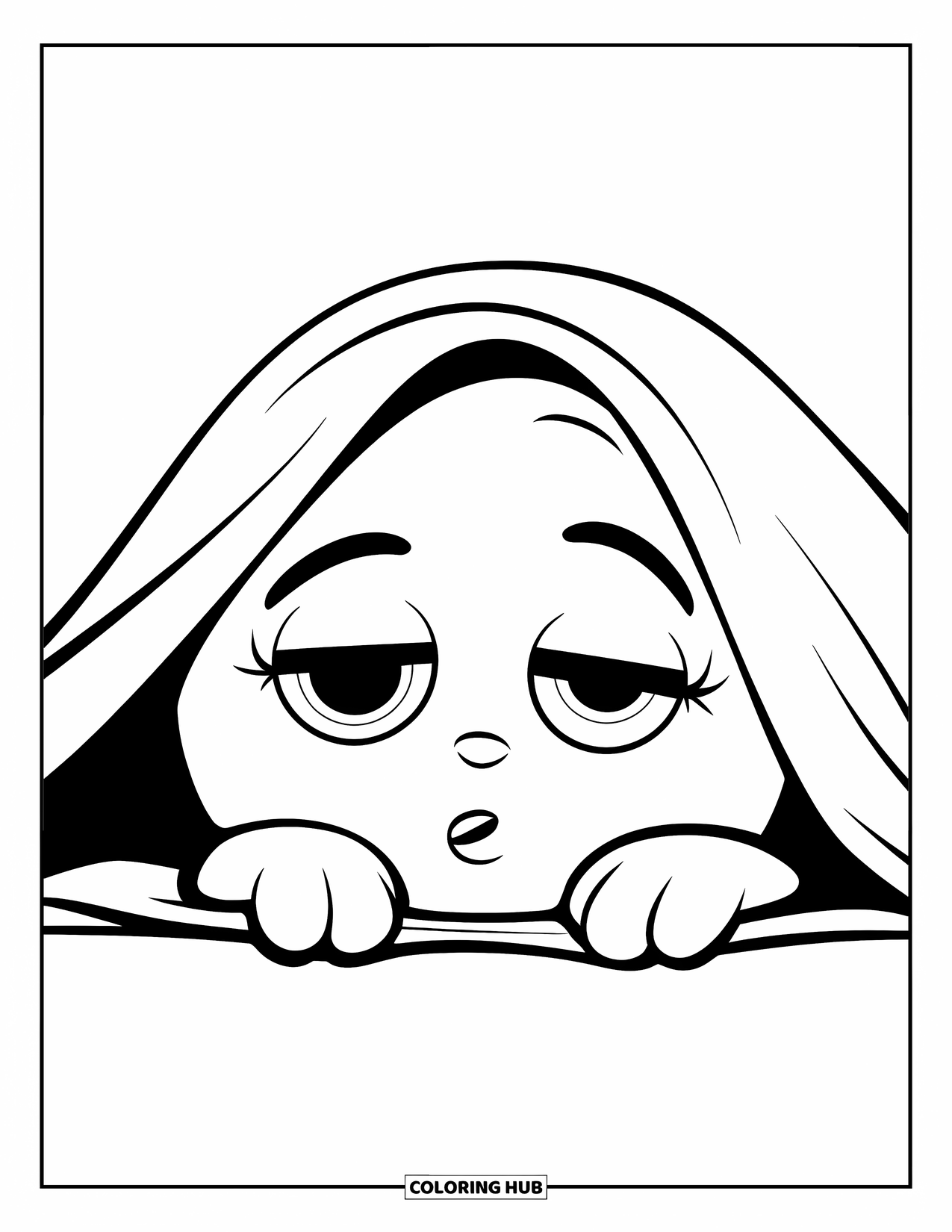 Emoji Coloring Page for Kids: A sleepy emoji peeks from under a triangle-folded blanket with a calm expression