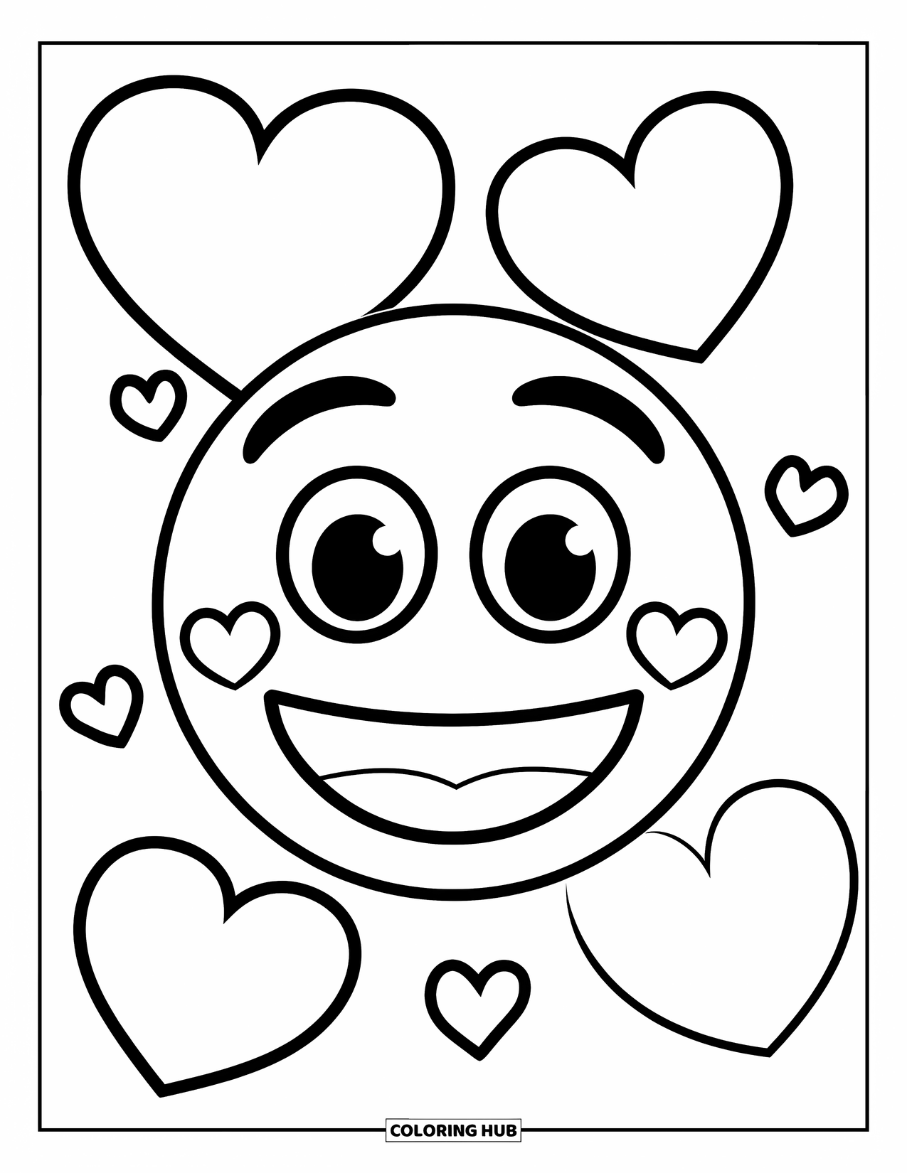 Emoji Coloring Page for Kids: A smiley emoji with heart eyes is surrounded by floating hearts