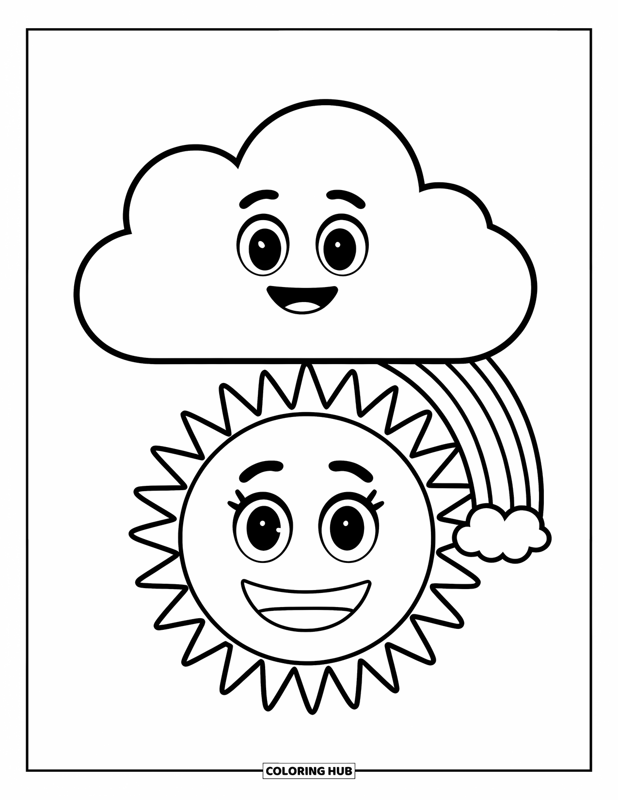 Emoji Coloring Page for Kids: A smiling cloud floats above a cheerful sun emoji holding a rainbow in the sky