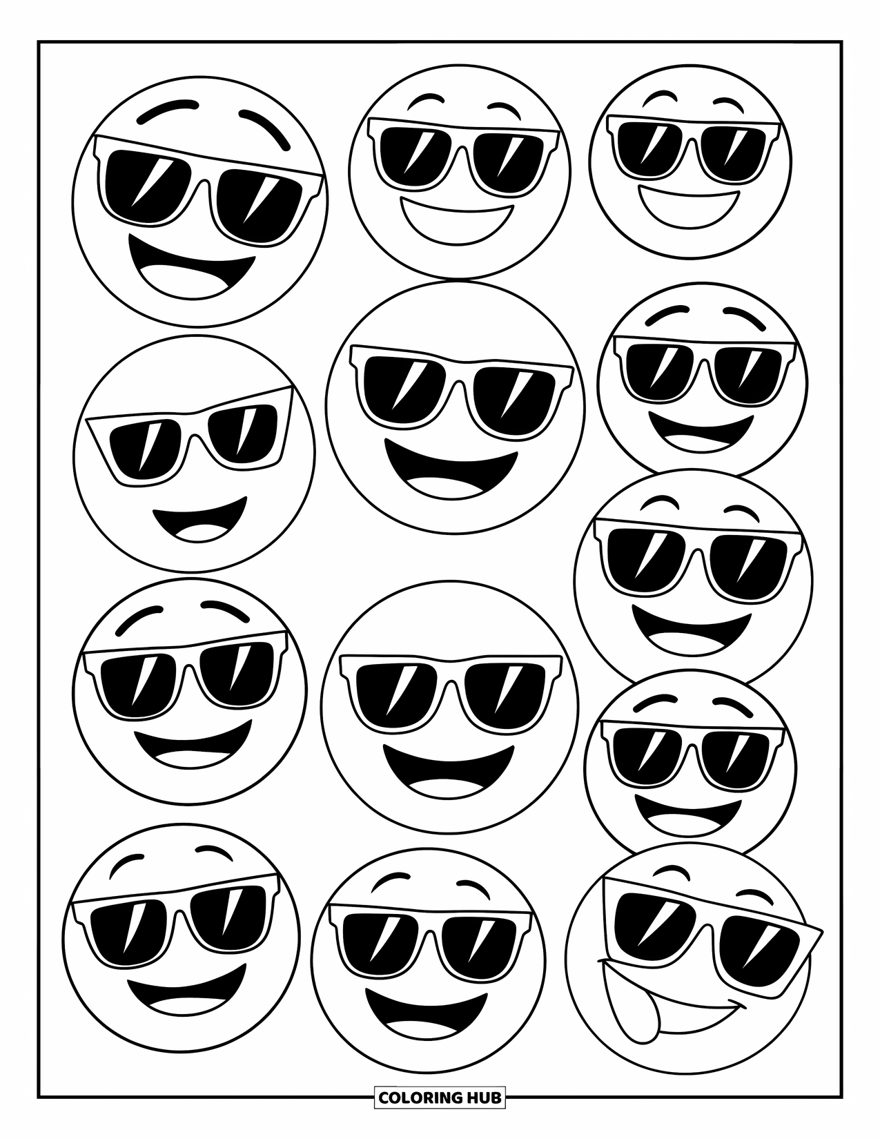 Emoji Coloring Page for Kids: A smiling emoji marks weekdays on a clean calendar filled with happy faces