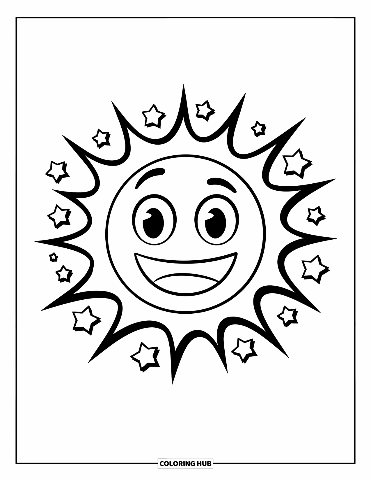 Emoji Coloring Page for Kids: A smiling emoji pops inside a comic bubble surrounded by stars and bold lines