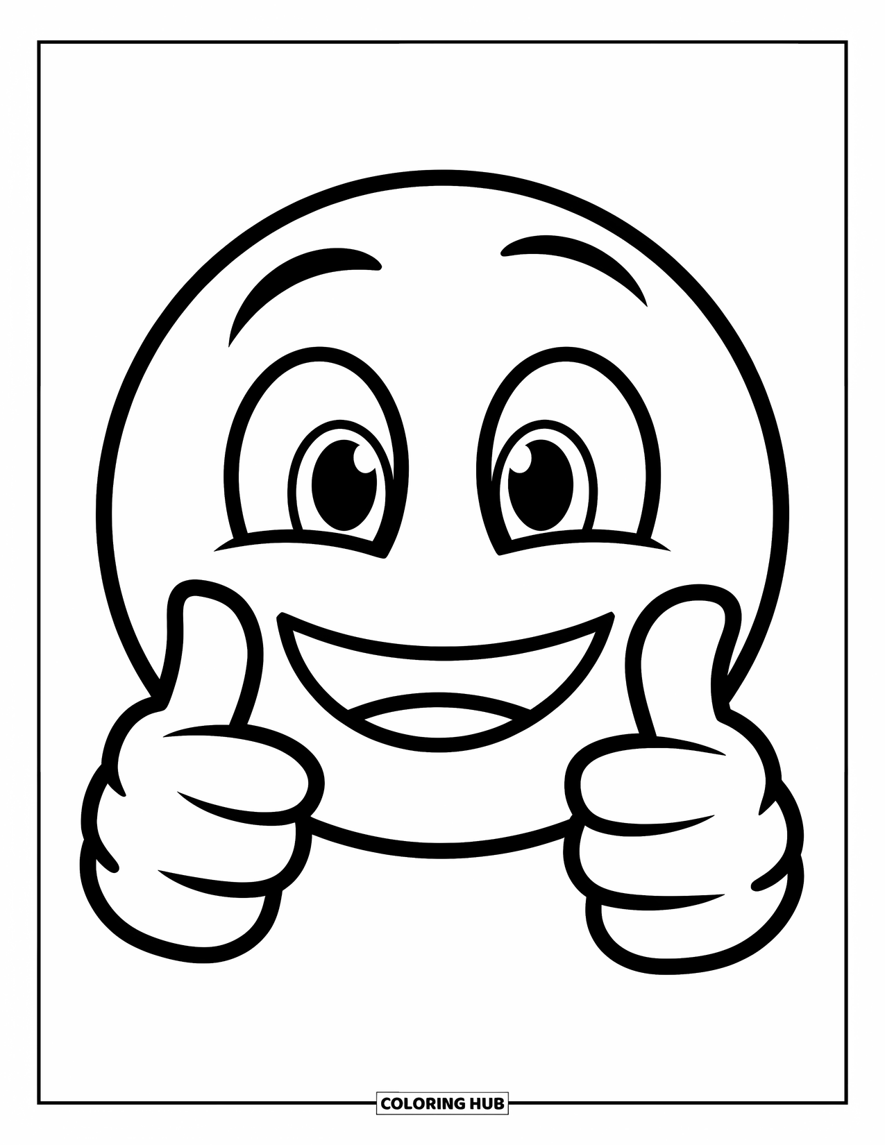 Emoji Coloring Page for Kids: A smiling thumbs-up emoji shows off big eyes and chunky fingers