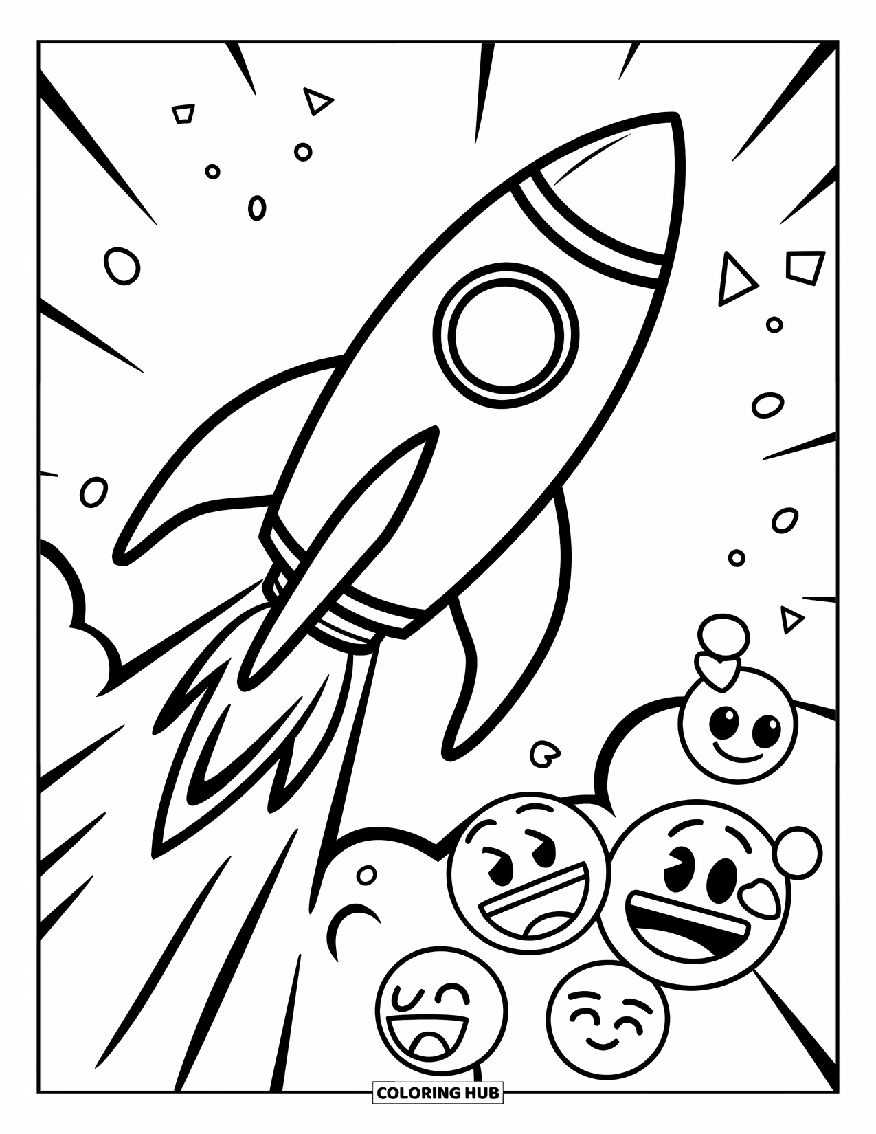 Emoji Coloring Page for Kids: A smooth rocket lifts off with emojis cheering from below against a clear sky