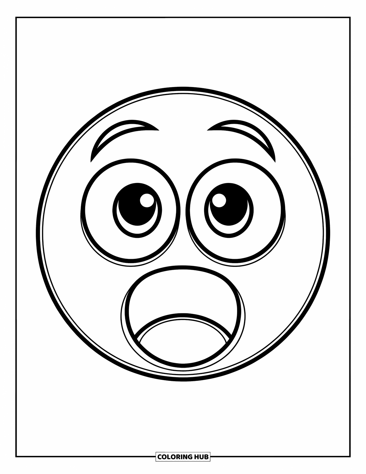 Emoji Coloring Page for Kids: A surprised emoji with wide eyes and open mouth reacts with pure shock
