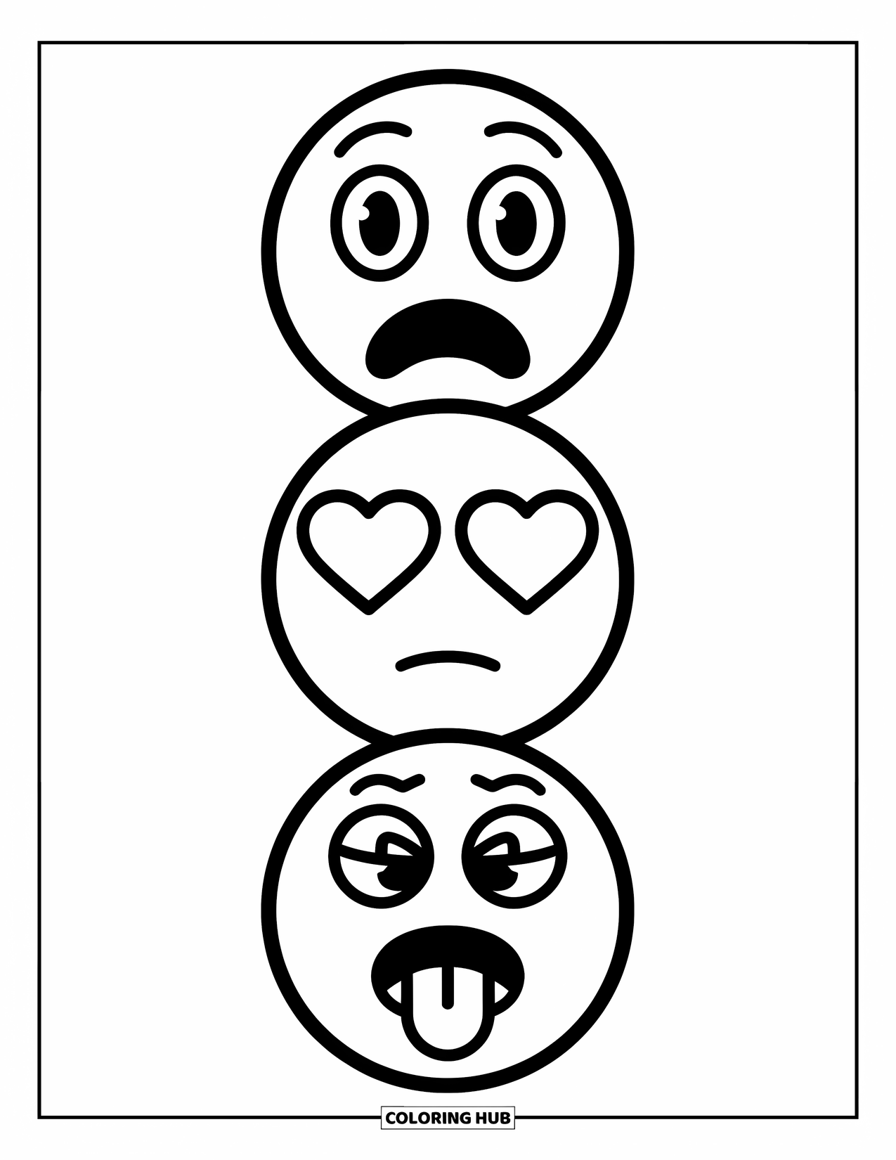 Emoji Coloring Page for Kids: A vertical emoji reaction chain features shock, heart eyes, thinking, and tongue-out faces