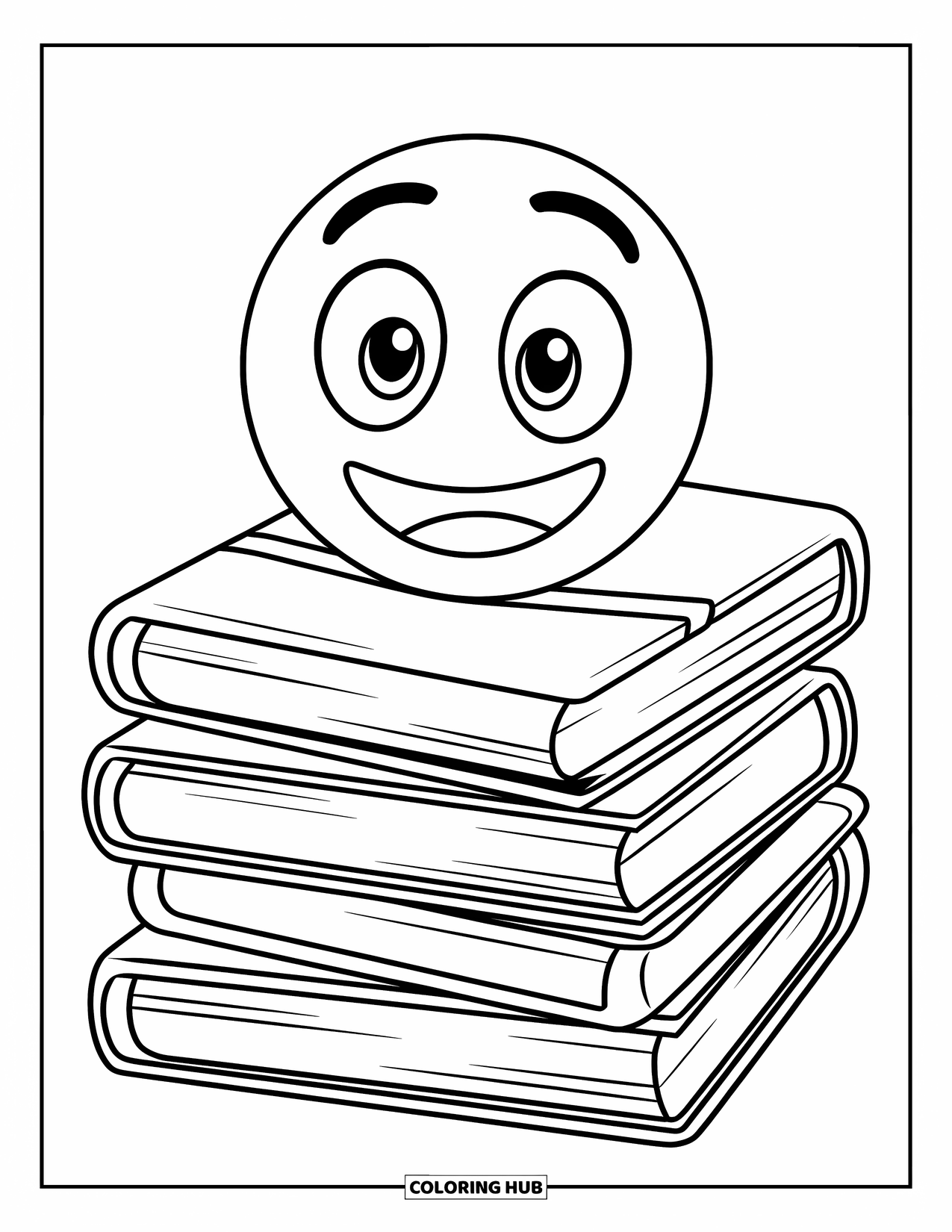 Emoji Coloring Page for Kids: A wide-eyed emoji peeks out from a tall stack of bold, clean-lined books