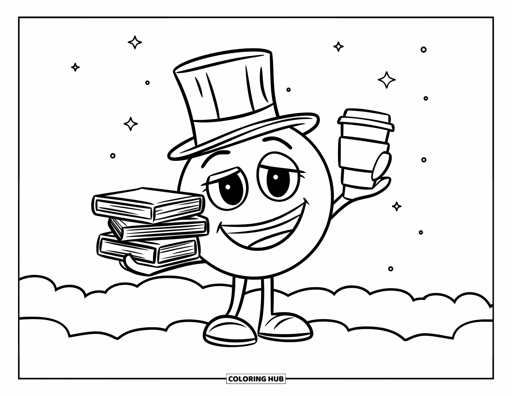 Emoji Coloring Page for Kids: An emoji in a top hat balances books and coffee while standing on a cloud