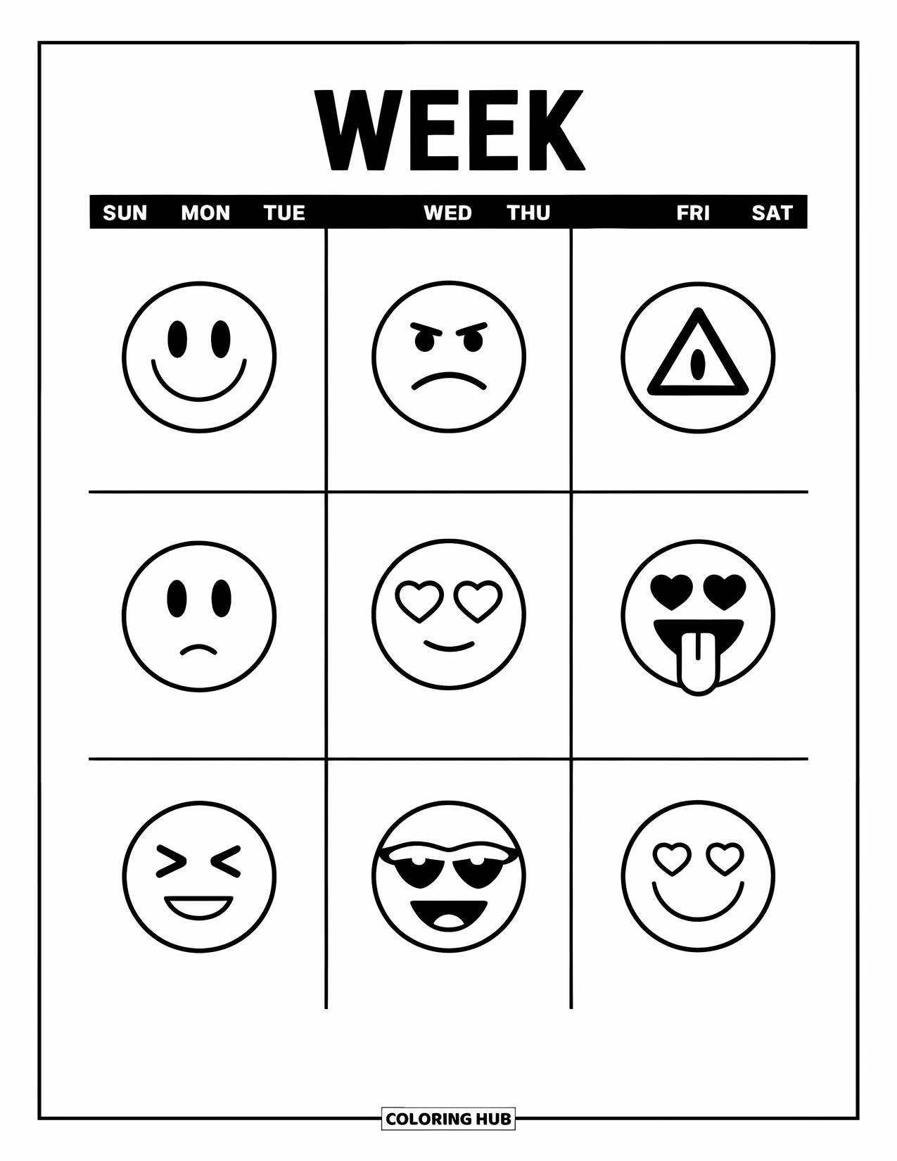Emoji Coloring Page for Kids: An emoji marks each weekday on a fun calendar labeled "Week" with different faces