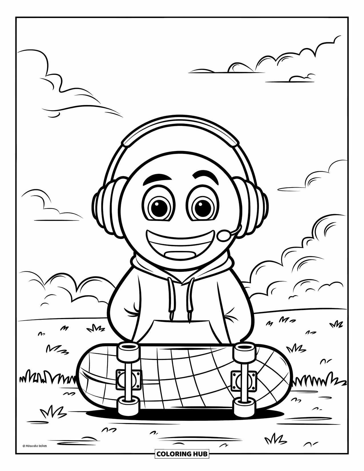Emoji Coloring Page for Kids: An emoji with a hoodie and headphones grins beside a checkered skateboard under a clear sky