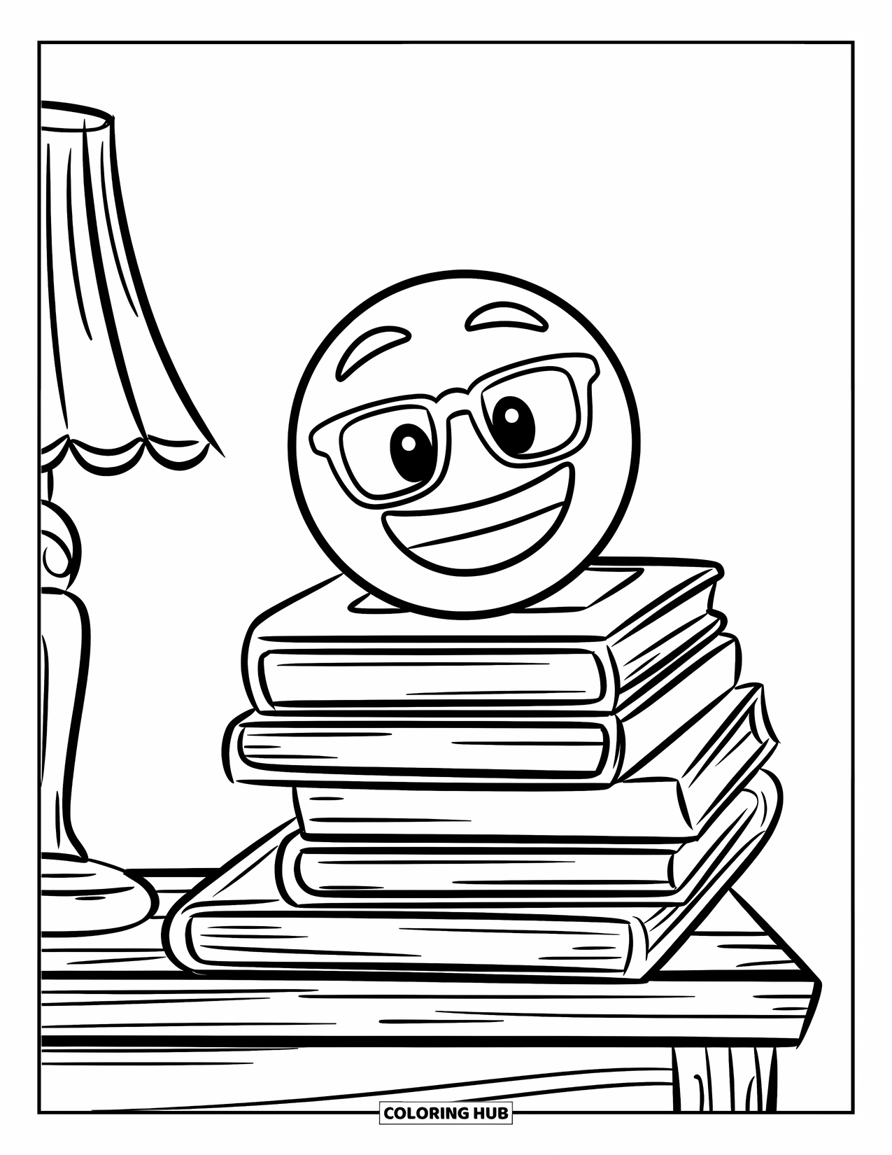 Emoji Coloring Page for Kids: An emoji with glasses peeks from a book pile beside a lamp on a table