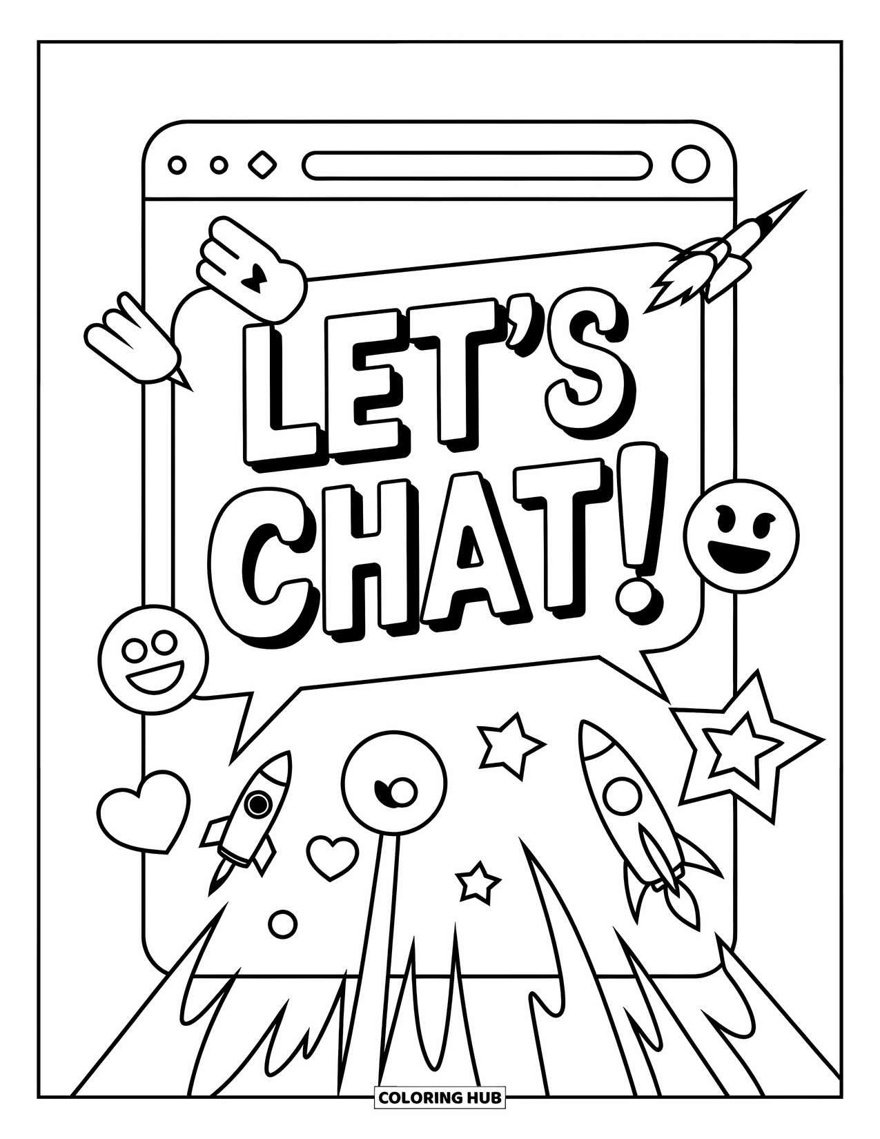 Emoji Coloring Page for Kids: Cheerful emojis fly from a chat bubble that reads "Let's chat!" in mid-motion