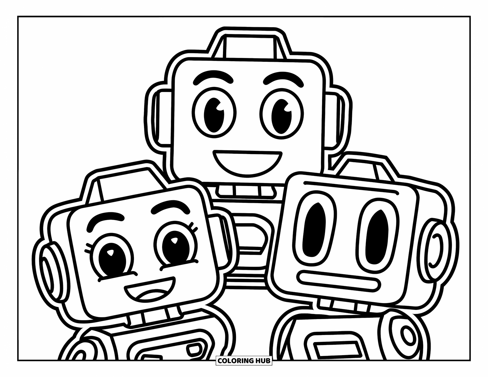 Emoji Coloring Page for Kids: Each robot emoji head has a different face and fun, blocky style