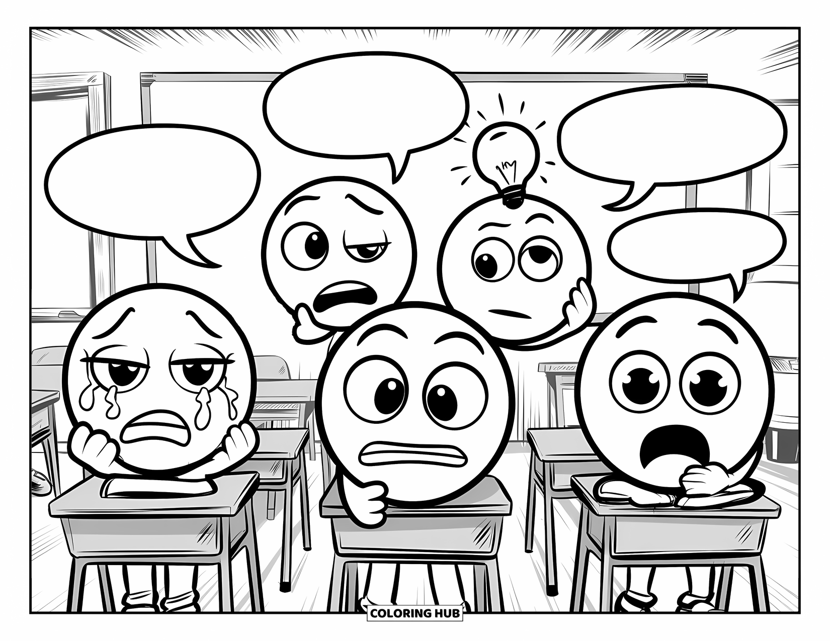 Emoji Coloring Page for Kids: Emojis in a classroom react to teen problems with expressions like shock, praise, and confusion
