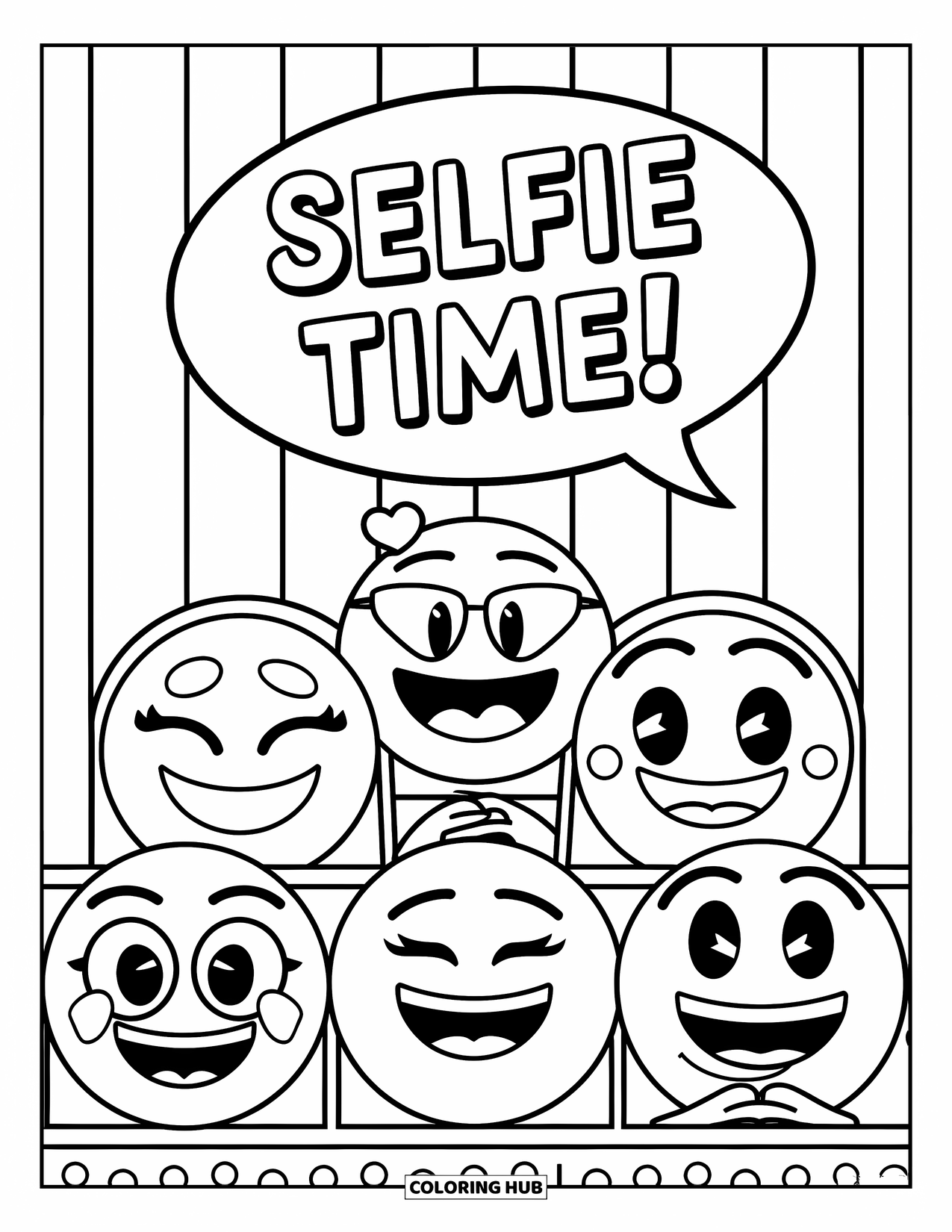 Emoji Coloring Page for Kids: Emojis smile and pose in a photo booth with stripes, dots, and a "Selfie time!" bubble