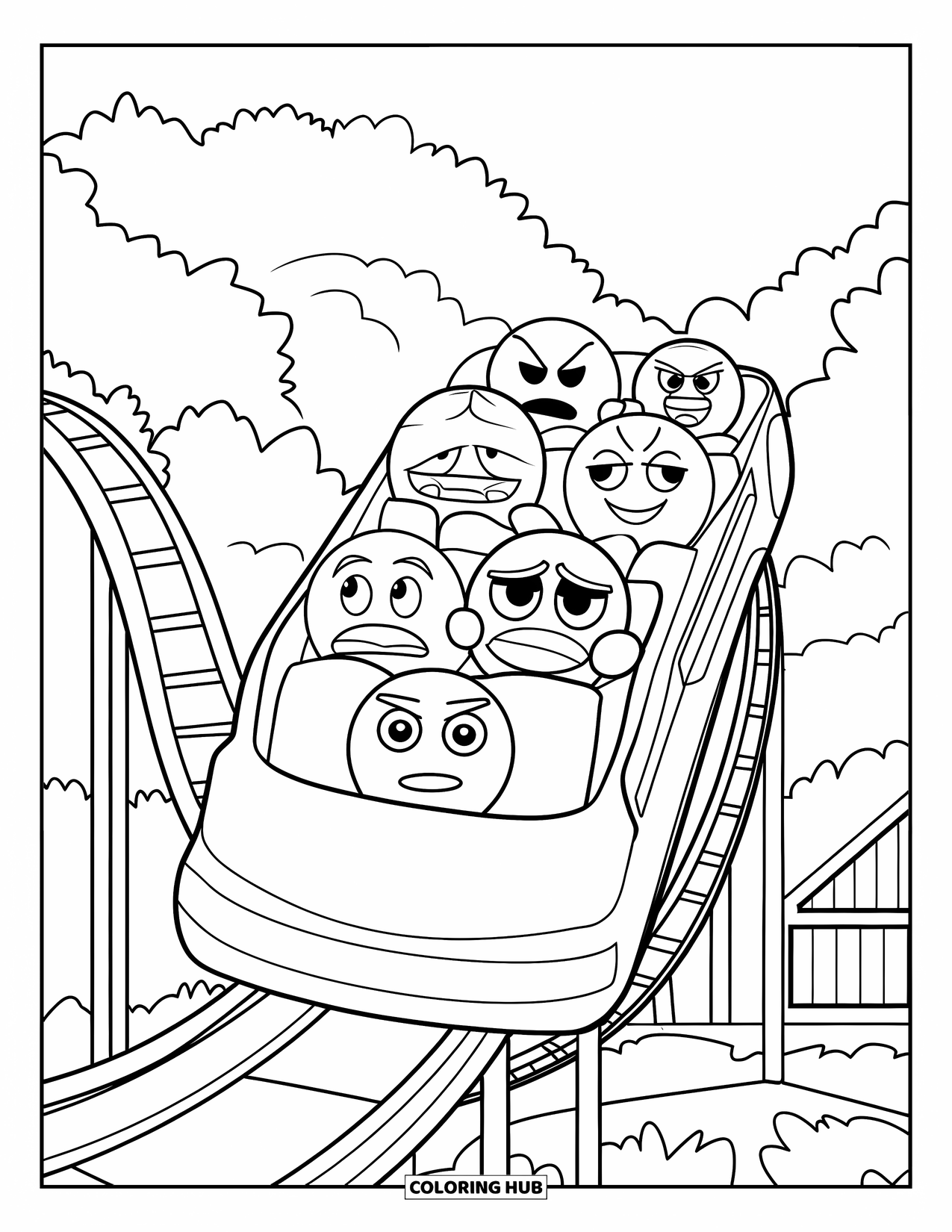 Emoji Coloring Page for Kids: Emojis with different moods race through loops and twists on a thrilling roller coaster