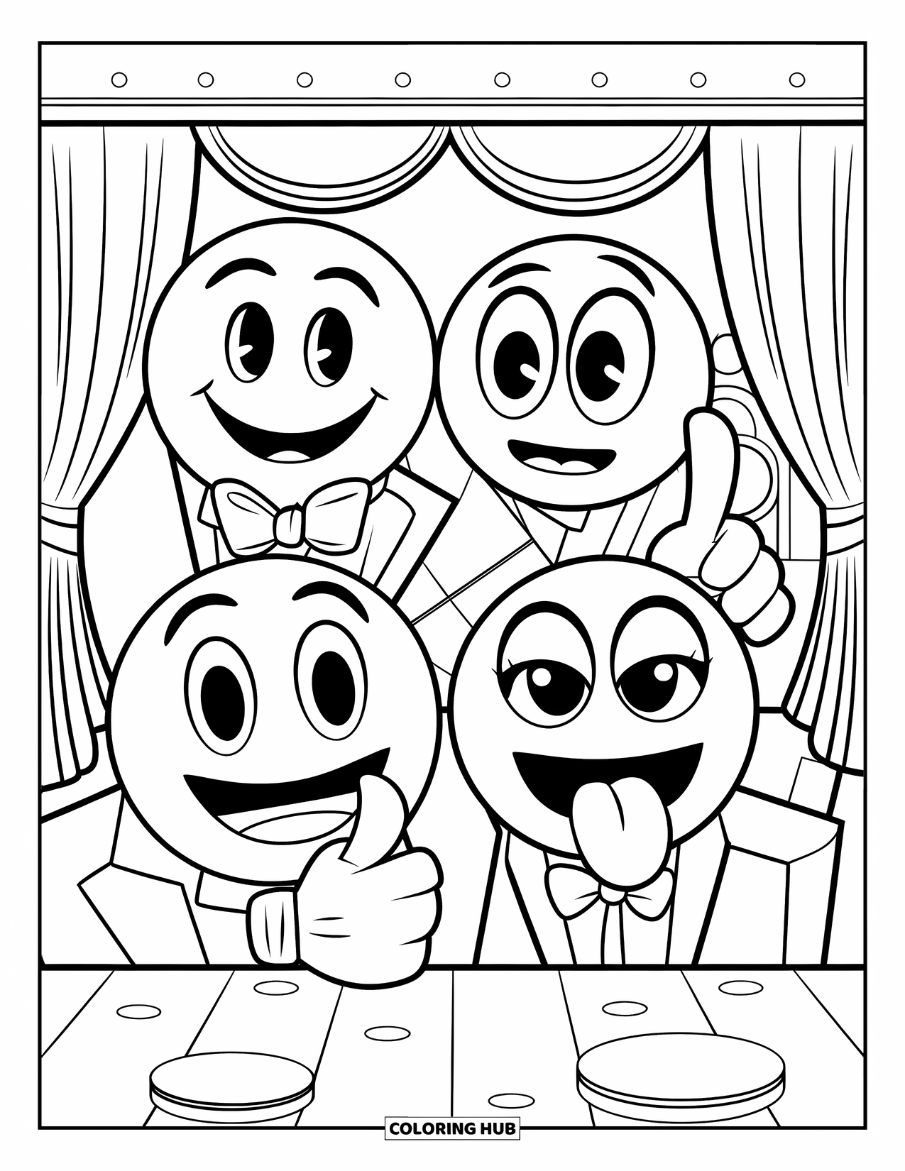 Emoji Coloring Page for Kids: Four playful emojis strike selfie poses in a cozy booth with curtains