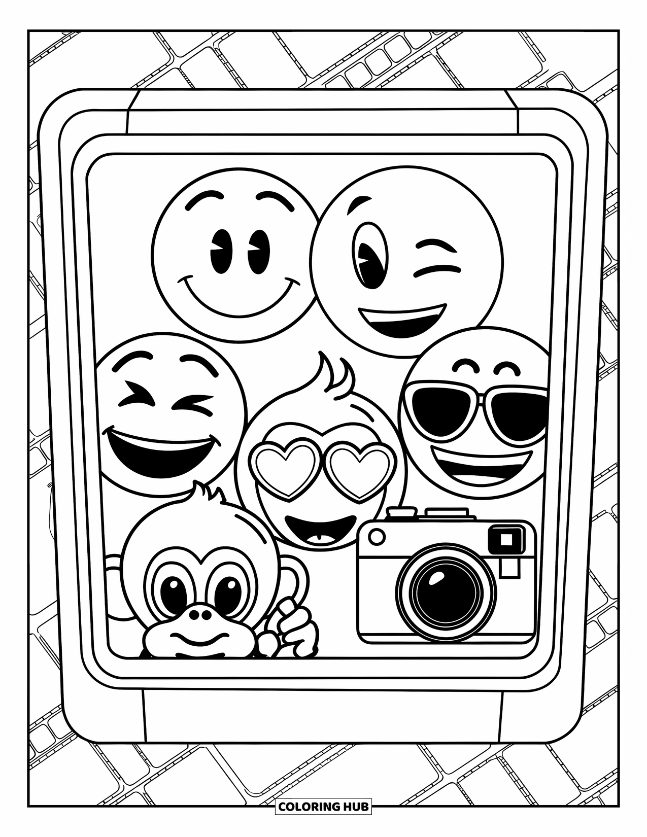Emoji Coloring Page for Kids: Six playful emojis, including a monkey and camera, pose inside a photo booth