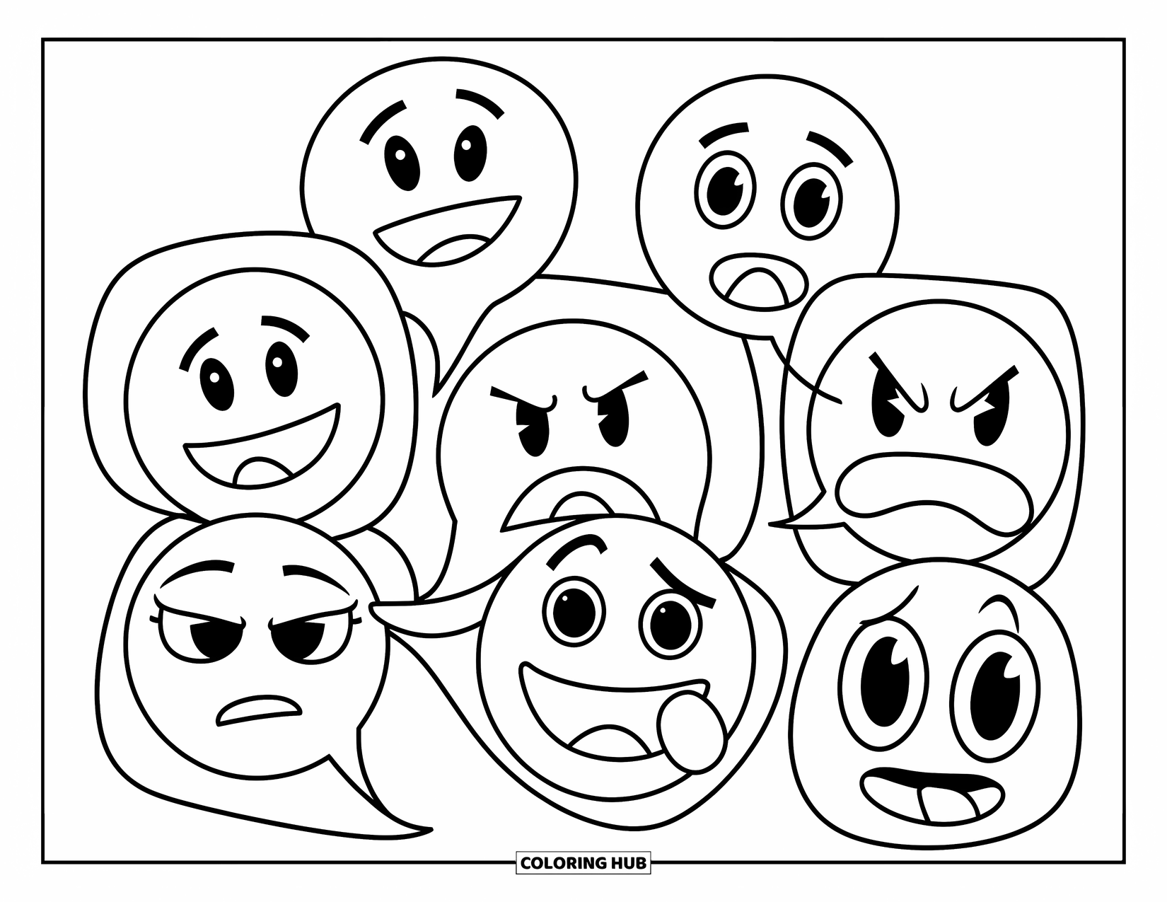 Emoji Coloring Page for Kids: Speech bubbles show emojis with happy, sad, surprised, angry, and neutral expressions