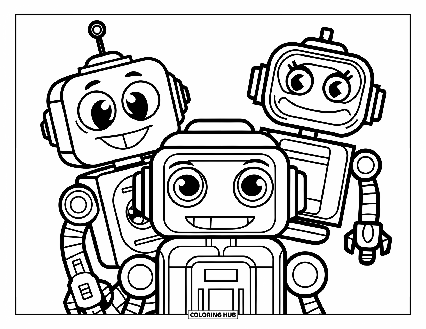 Emoji Coloring Page for Kids: Three playful robot emojis show cheerful faces with square features and expressive eyes