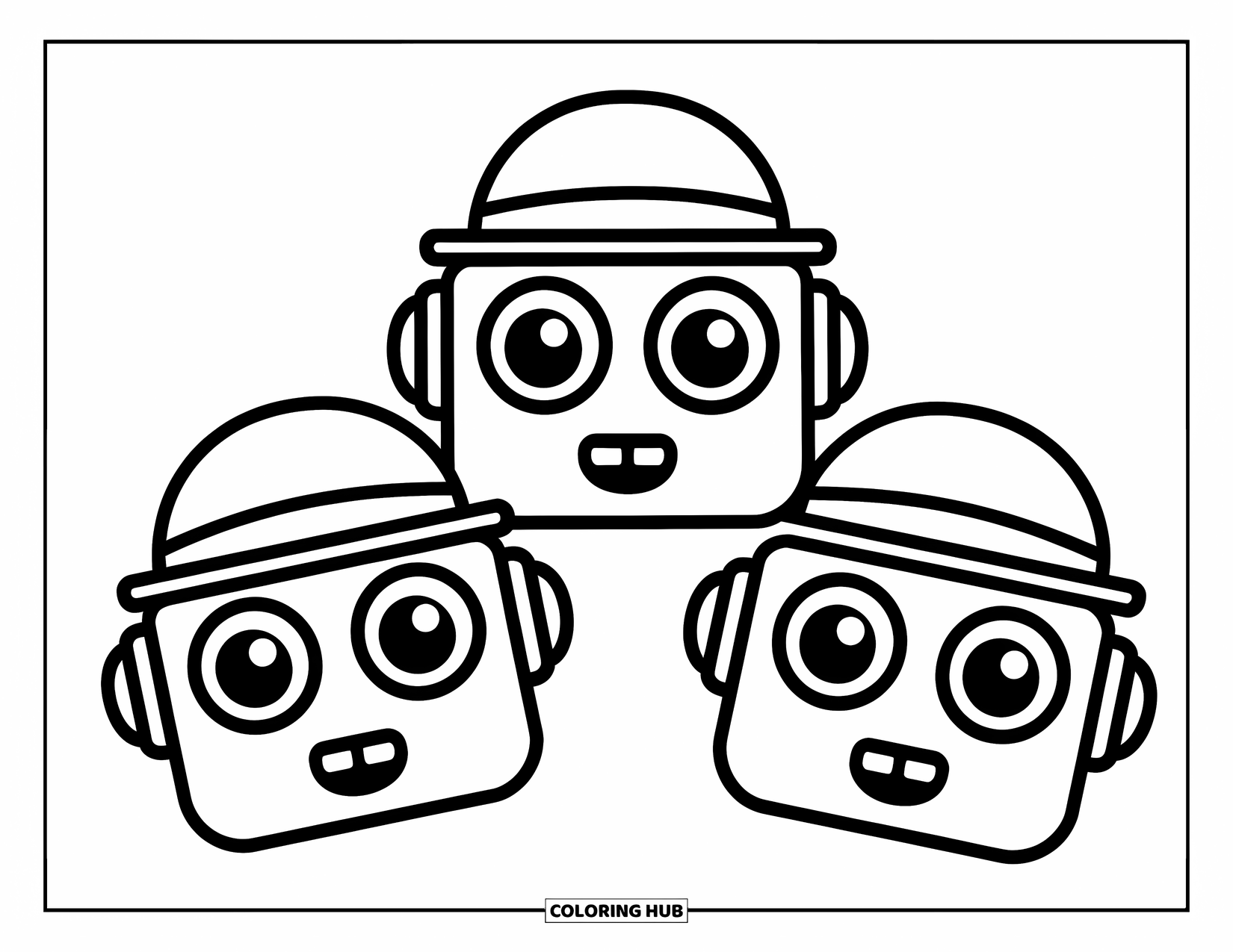 Emoji Coloring Page for Kids: Three robot emoji heads with big eyes and small mouths wear fun little hats