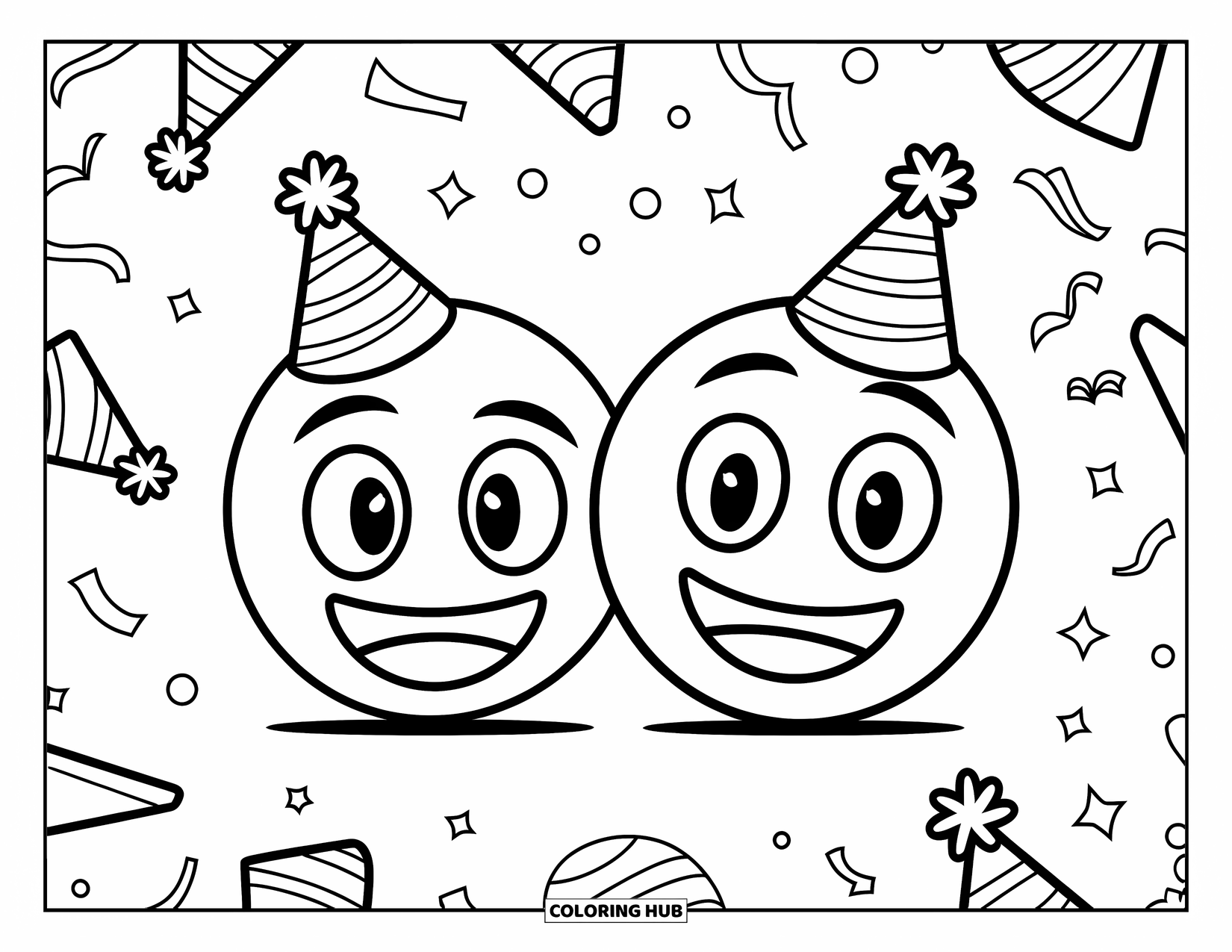 Emoji Coloring Page for Kids: Two cheerful emojis in party hats beam with joy and playful energy