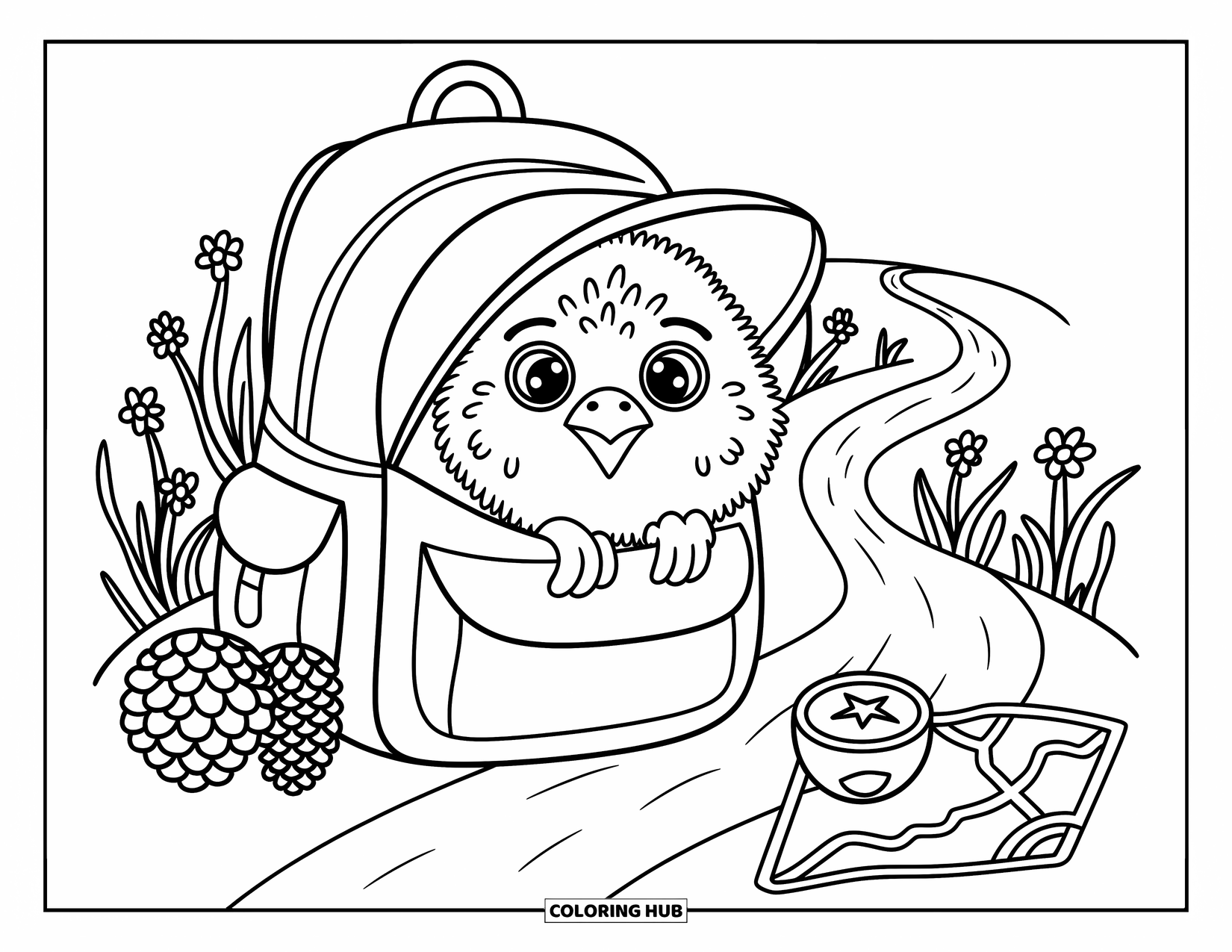 Falcon Coloring Page for Adults: Adorable falcon peeks from a hiker's backpack near pinecones and wildflowers