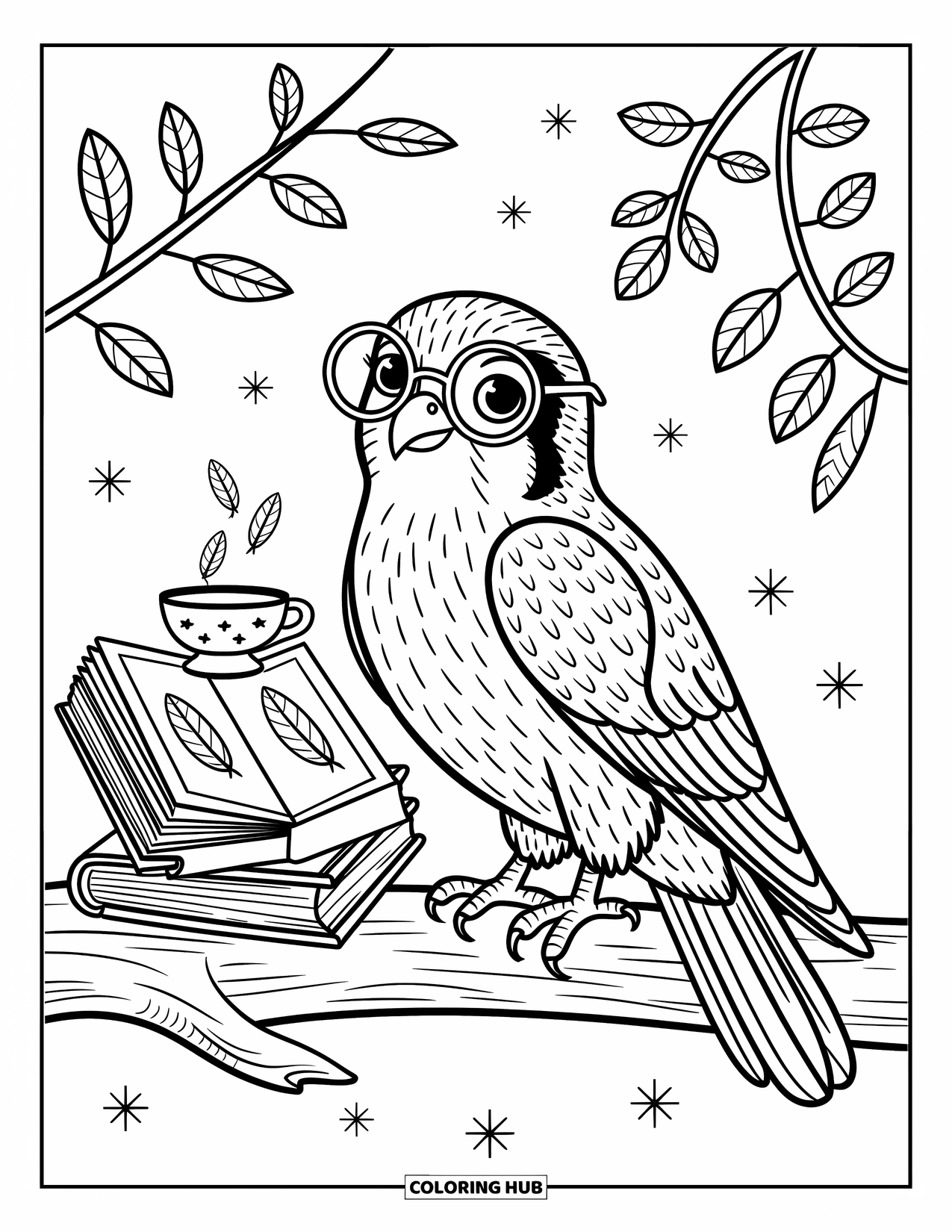 Falcon Coloring Page for Adults: Curious falcon in glasses reads beside books and a cozy little teacup