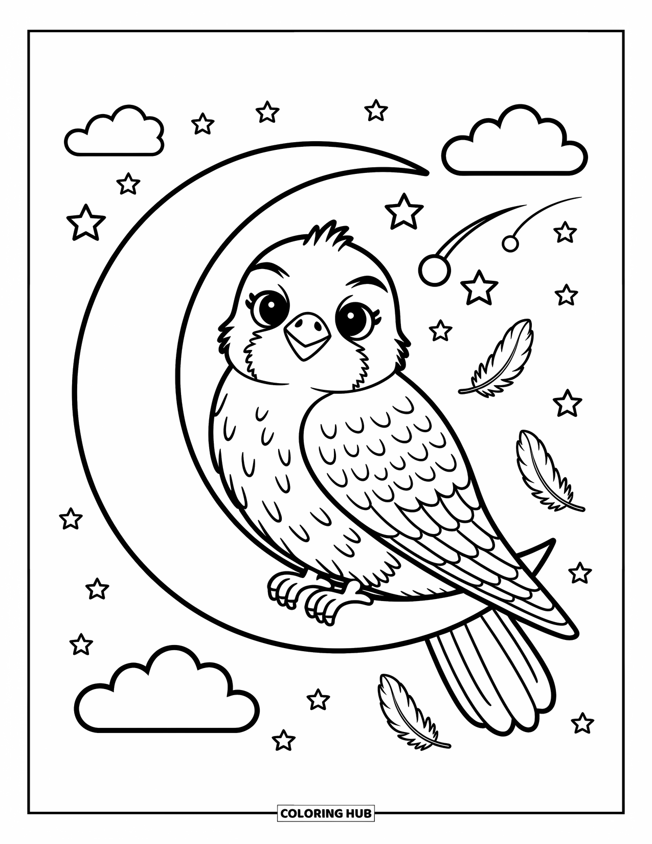 Falcon Coloring Page for Adults: Cute falcon rests on a moon surrounded by stars, feathers, and soft clouds