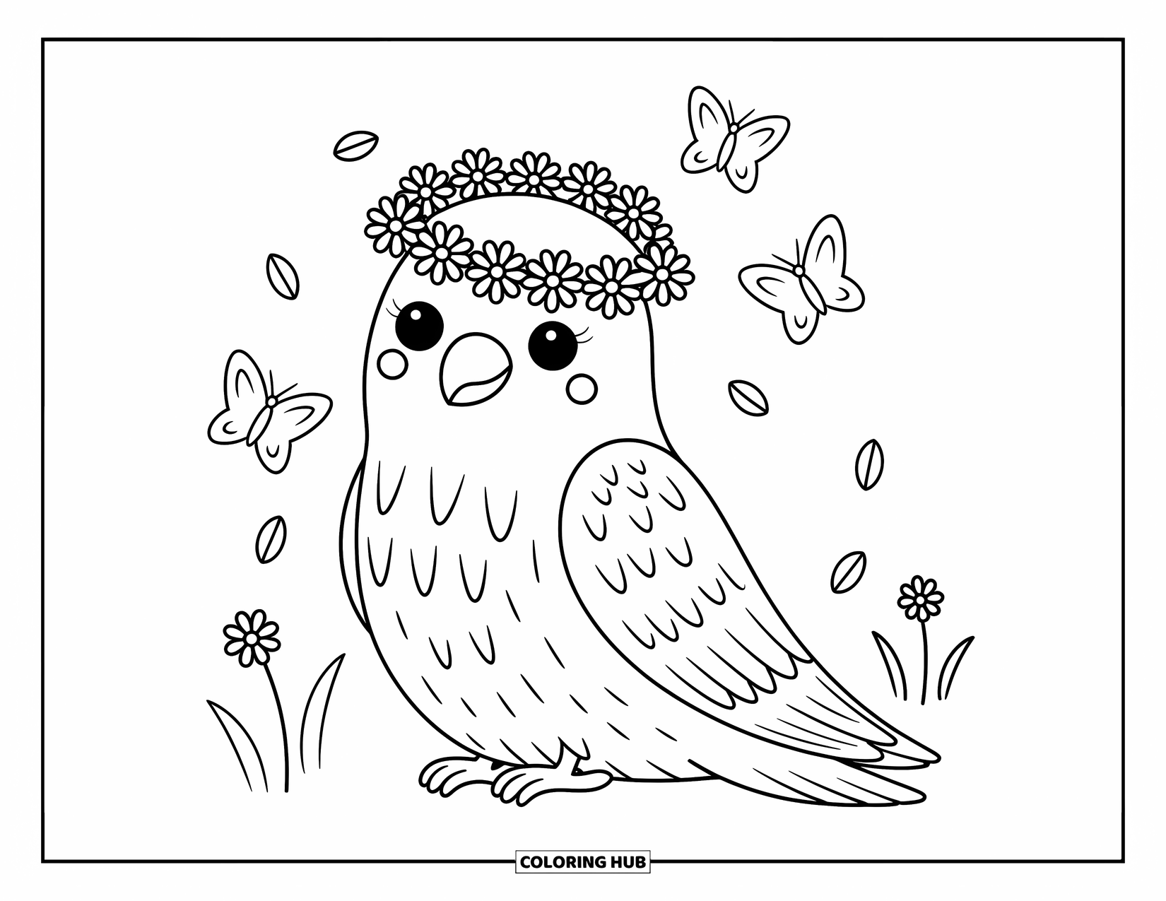 Falcon Coloring Page for Adults: Cute falcon with a daisy crown relaxes as butterflies flutter nearby