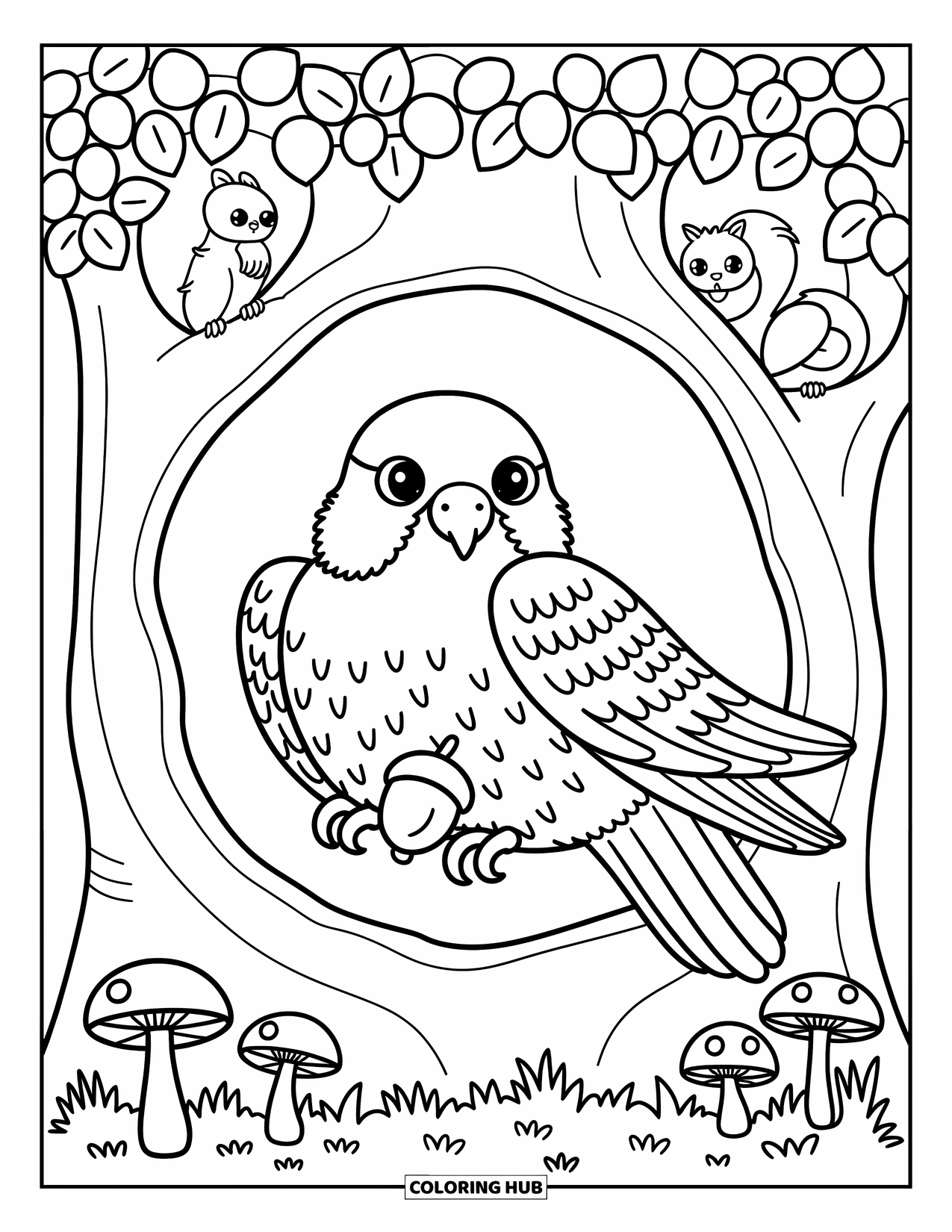 Falcon Coloring Page for Adults: Falcon cuddles inside a tree hollow holding an acorn, with birds and mushrooms nearby