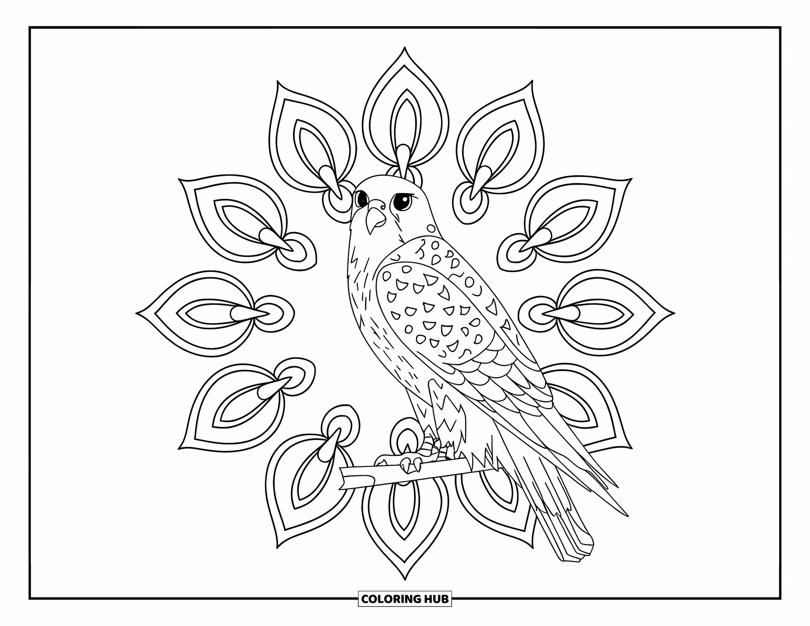 Falcon Coloring Page for Adults: Falcon in hunting pose rests on a branch with wildflower spirals