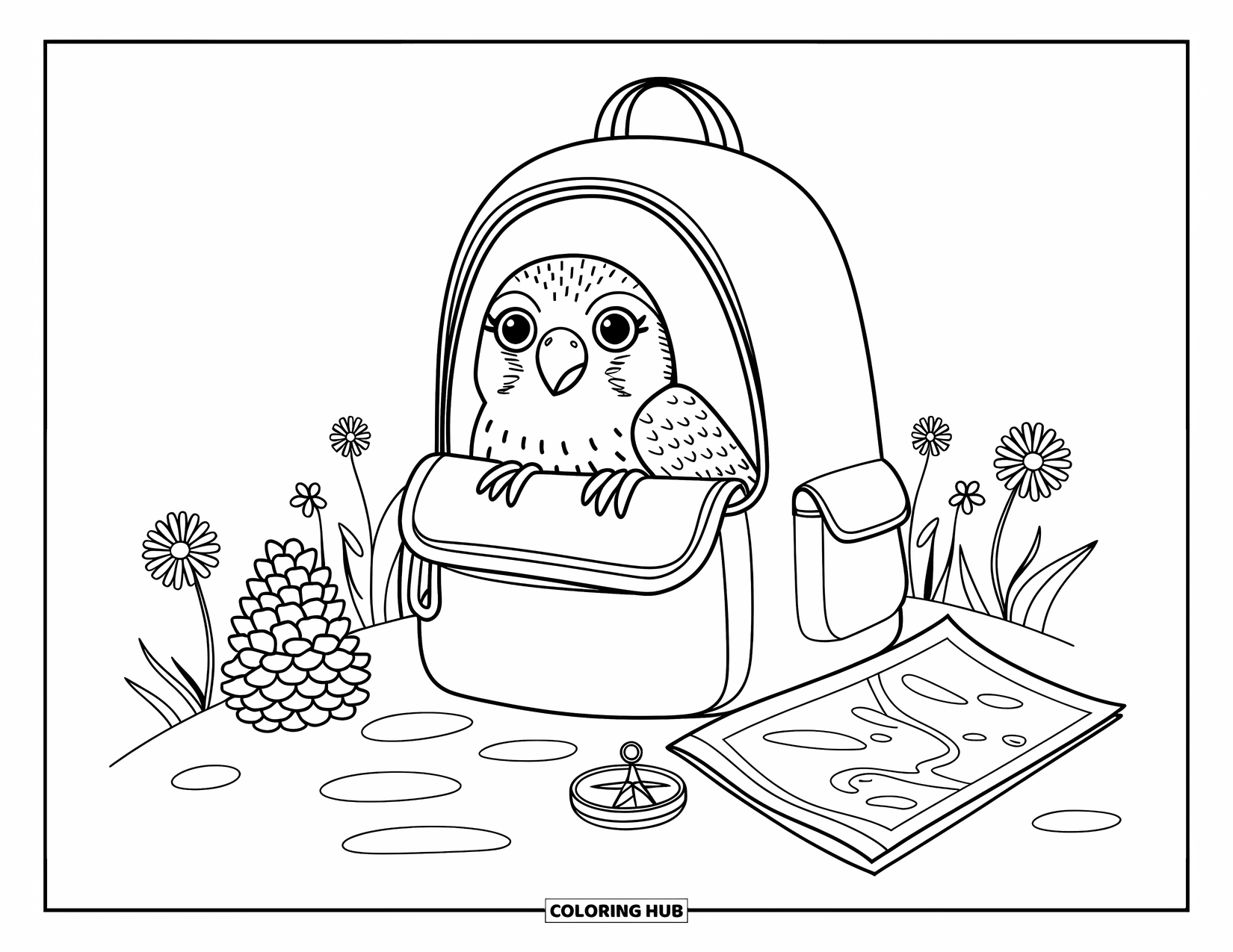 Falcon Coloring Page for Adults: Falcon peeks from a backpack beside pinecones, flowers, and a tiny compass