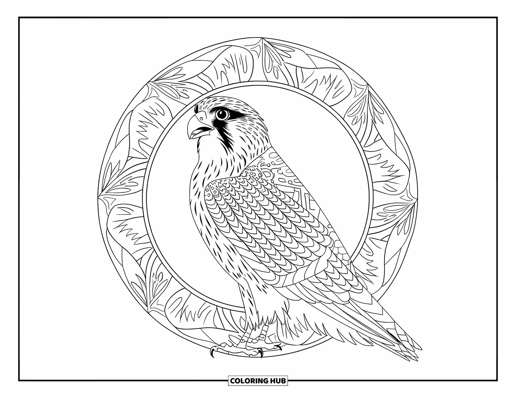 Falcon Coloring Page for Adults: Falcon perched near a forest path, framed by a detailed mandala