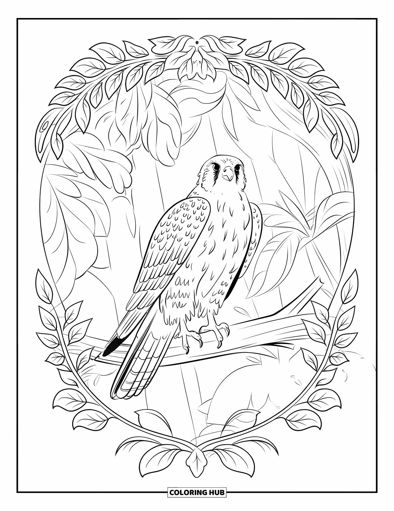 Falcon Coloring Page for Adults: Falcon perches quietly as trees and leaves frame the forest scene