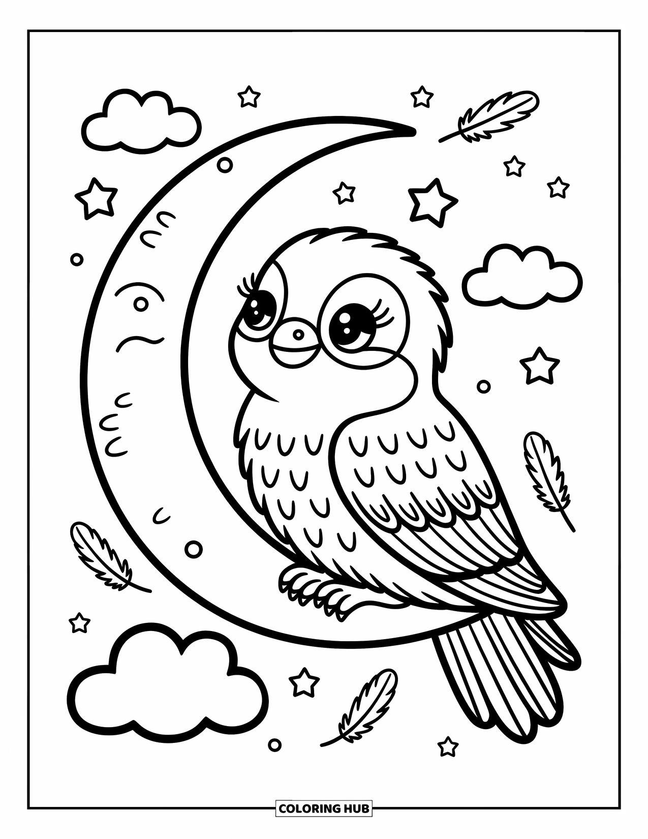 Falcon Coloring Page for Adults: Falcon sits on a moon curve, dreamily watching stars and clouds drift by
