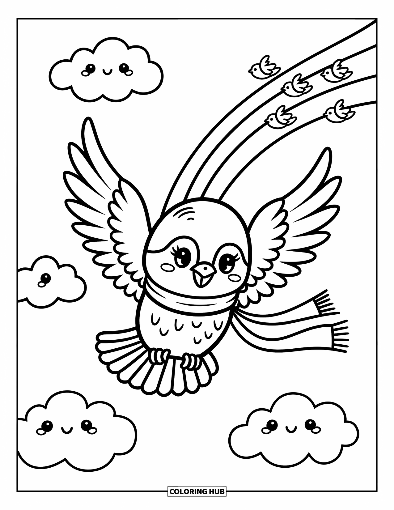 Falcon Coloring Page for Adults: Falcon soars with scarf fluttering, surrounded by clouds, birds, and a rainbow
