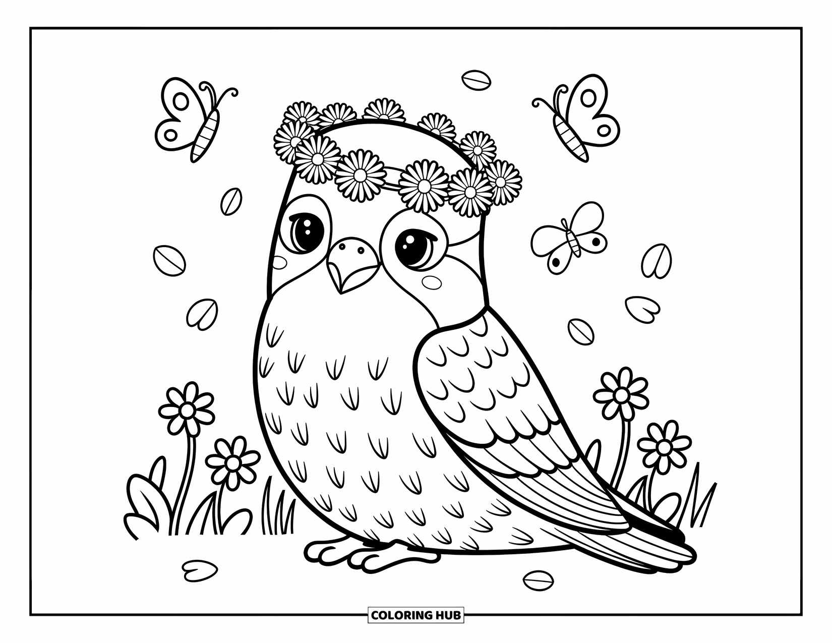 Falcon Coloring Page for Adults: Falcon with a flower crown enjoys the breeze with soft petals floating around